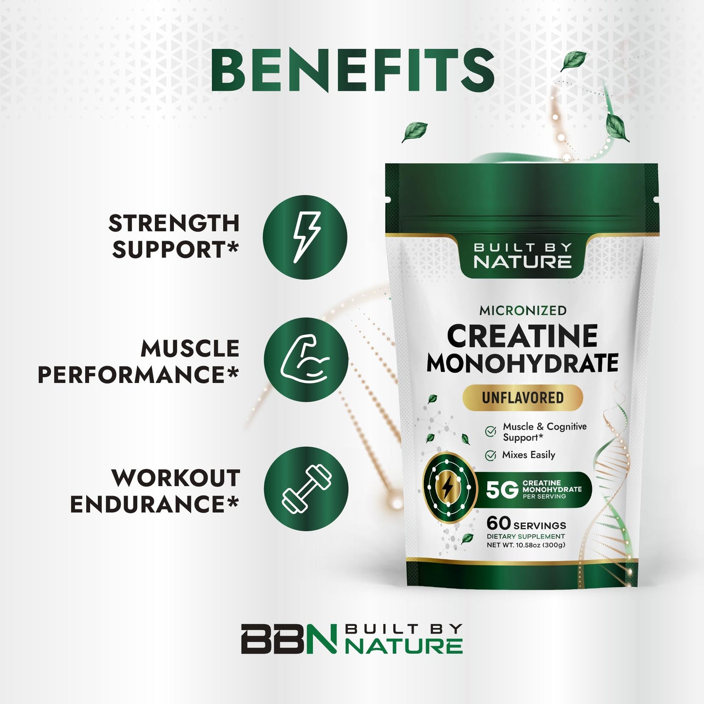 Built by Nature Creatine Monohydrate Powder Unflavored, 10.58 Ounce