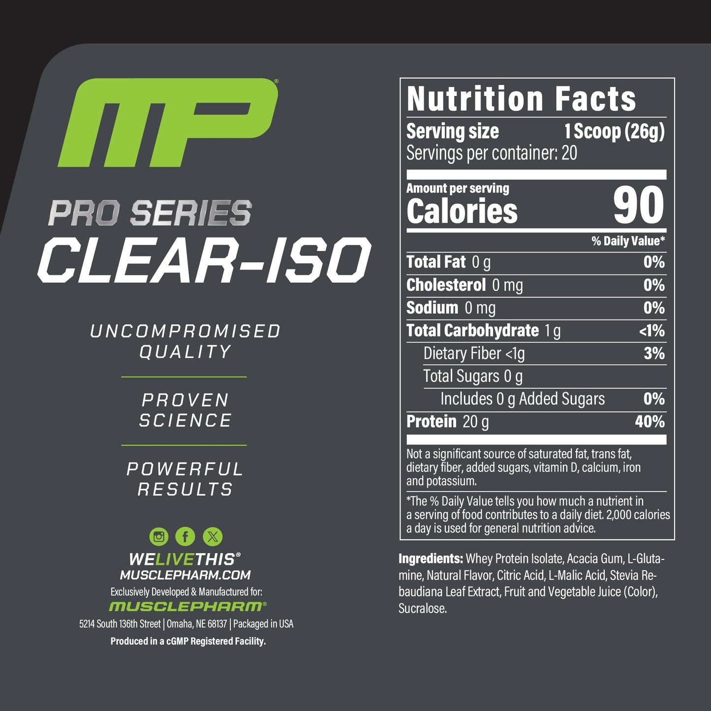 Muscle Pharm Pro Series Clear-ISO Sour Peach Rings Flavor Powder, 32 Servings
