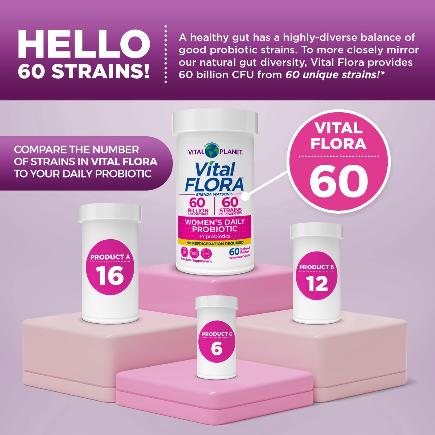 Vital Planet Vital Flora Probiotics for Women 60 Billion CFU, Diverse Strains, Daily Shelf Stable Probiotic with Organic Prebiotics, for Vaginal Support, Immune and Digestive Health, 60 Capsules