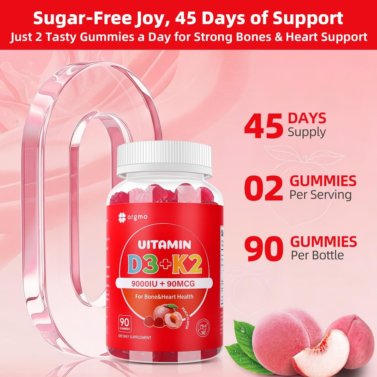 ORGMO Vitamin D3 K2 Gummies Chewable Gummy, 90 Count