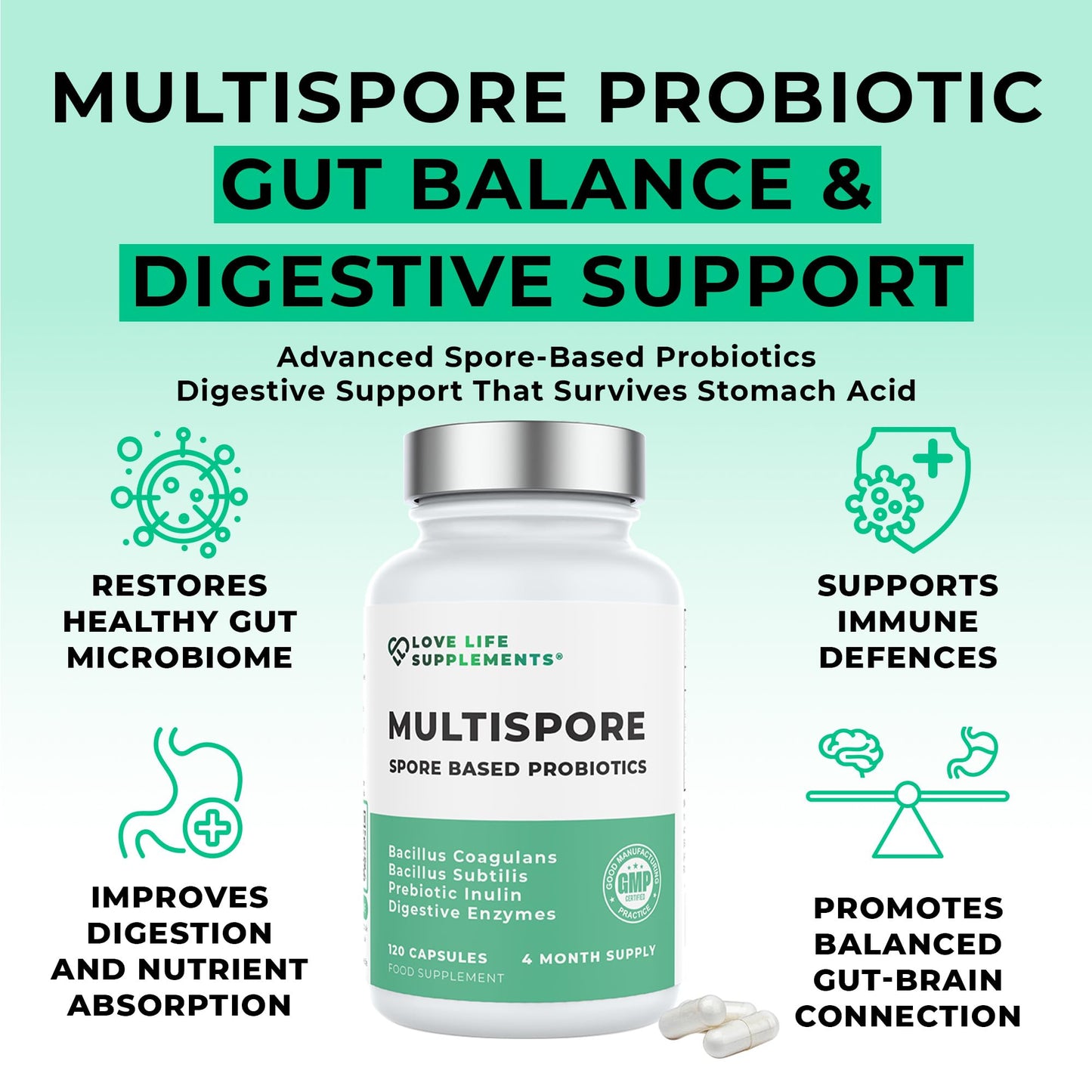 Love Life Supplements MultiSpore Plus Probiotics Capsules 120 Count