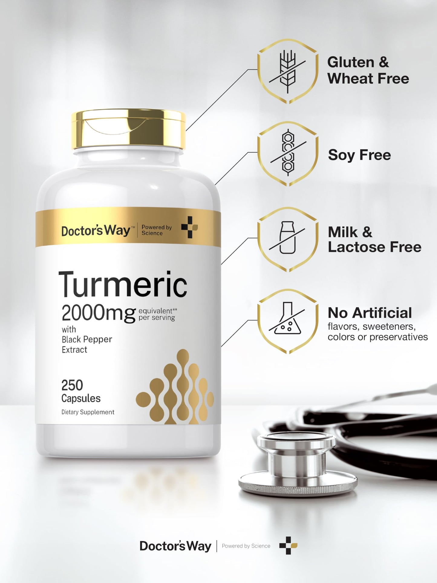 Doctor's Way Turmeric Curcumin Supplement Capsules 250 Capsules with Black Pepper Extract 95% Curcuminoids Non-GMO Gluten Free