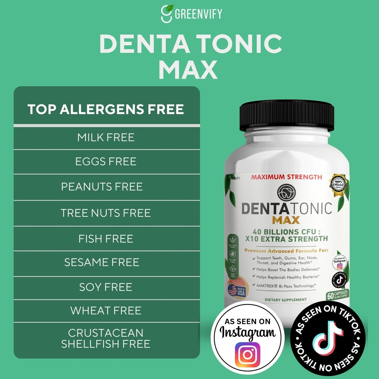 GREENVIFY Denta Tonic Max Probiotic Supplement 40 Billion CFU Capsules 180