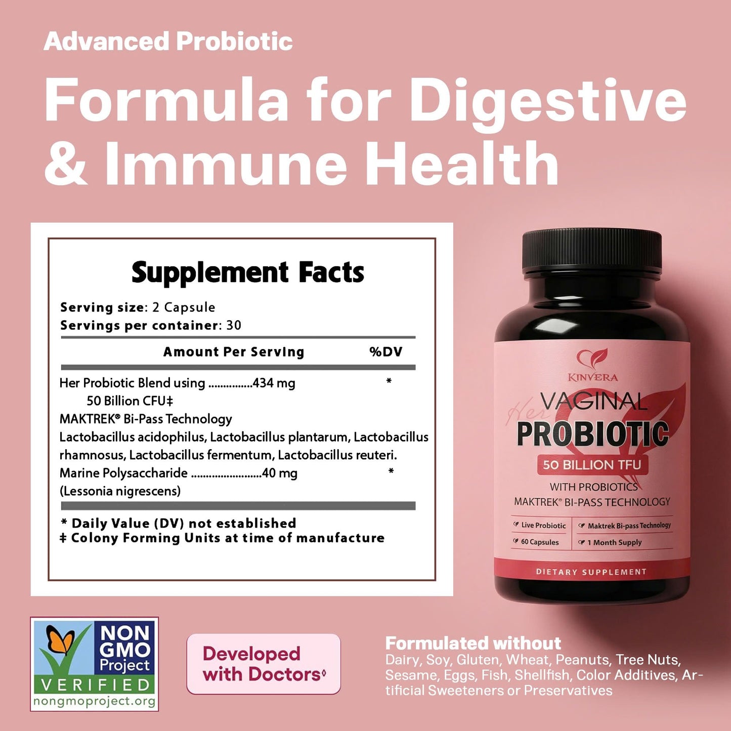 KINVERA Probiotics for Women with Prebiotics – 50 Billion CFU – Digestive, Immune & Vaginal Health – 60 Capsules