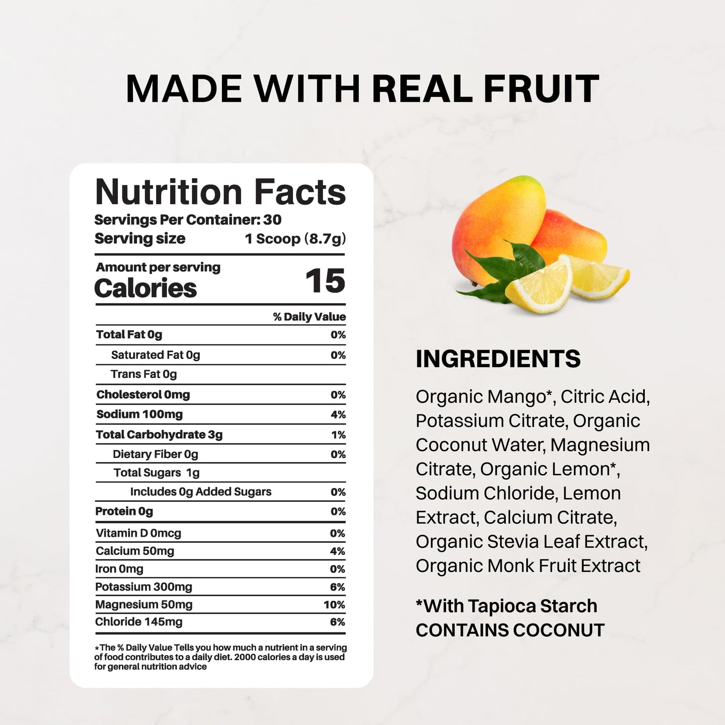 JUST INGREDIENTS Mango Lemonade Electrolytes No Sugar Powder 9.2