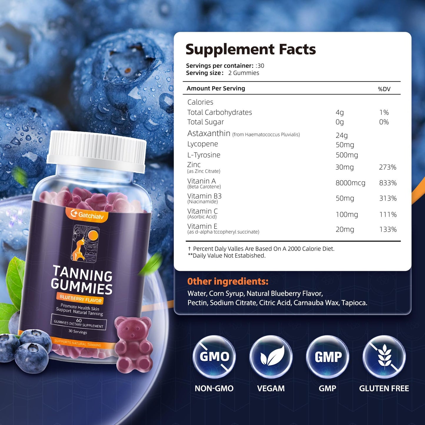 Gatchialv Tanning Gummies Self Tan Bronzing Supplement that Work Without Sun No Sugar Vegan with Astaxanthin Lycopene Beta Carotene and Vitamins, 60 Count
