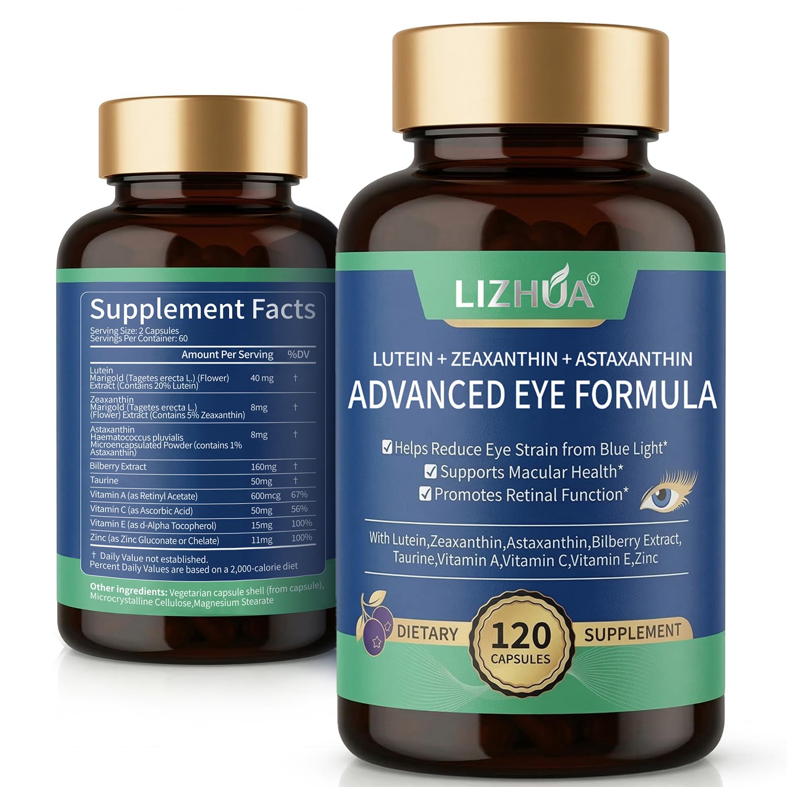 LIZHUA Lutein 40mg & Zeaxanthin 8mg Eye Vitamins with Astaxanthin, Bilberry & Taurine for Vision and Macular Health, 120 Capsules