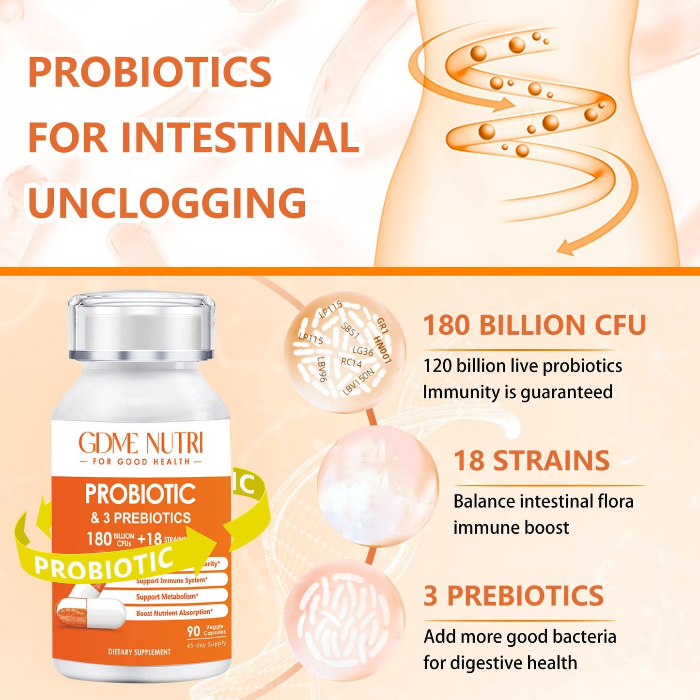 GDMENUTRI Probiotic Capsules, 180 Billion CFU, 18 Strains, 90 Count