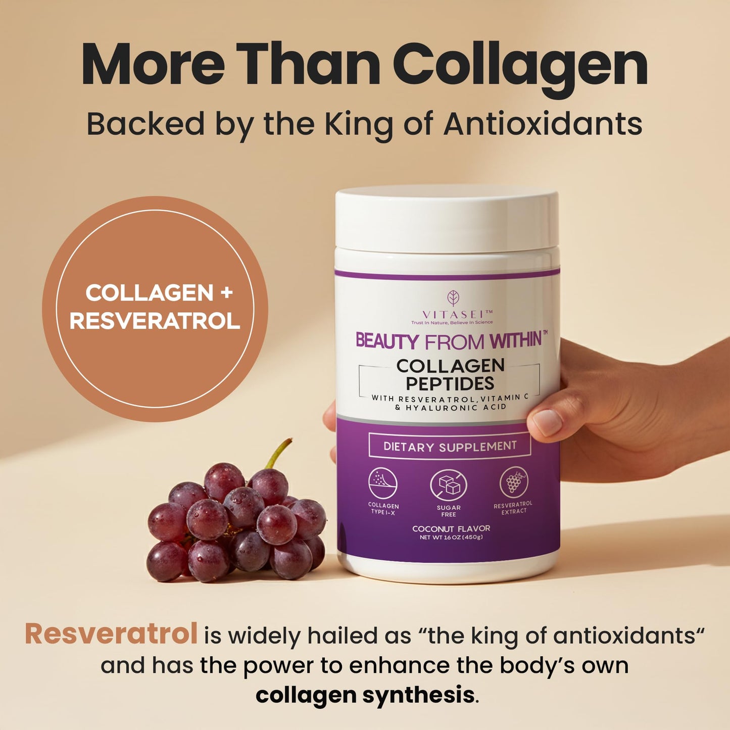 VITASEI Collagen Peptides Powder – Hydrolyzed Collagen with Resveratrol, Vitamin C & Hyaluronic Acid – Hair, Skin, Nails & Joint Support – Coconut Flavor, 16 oz