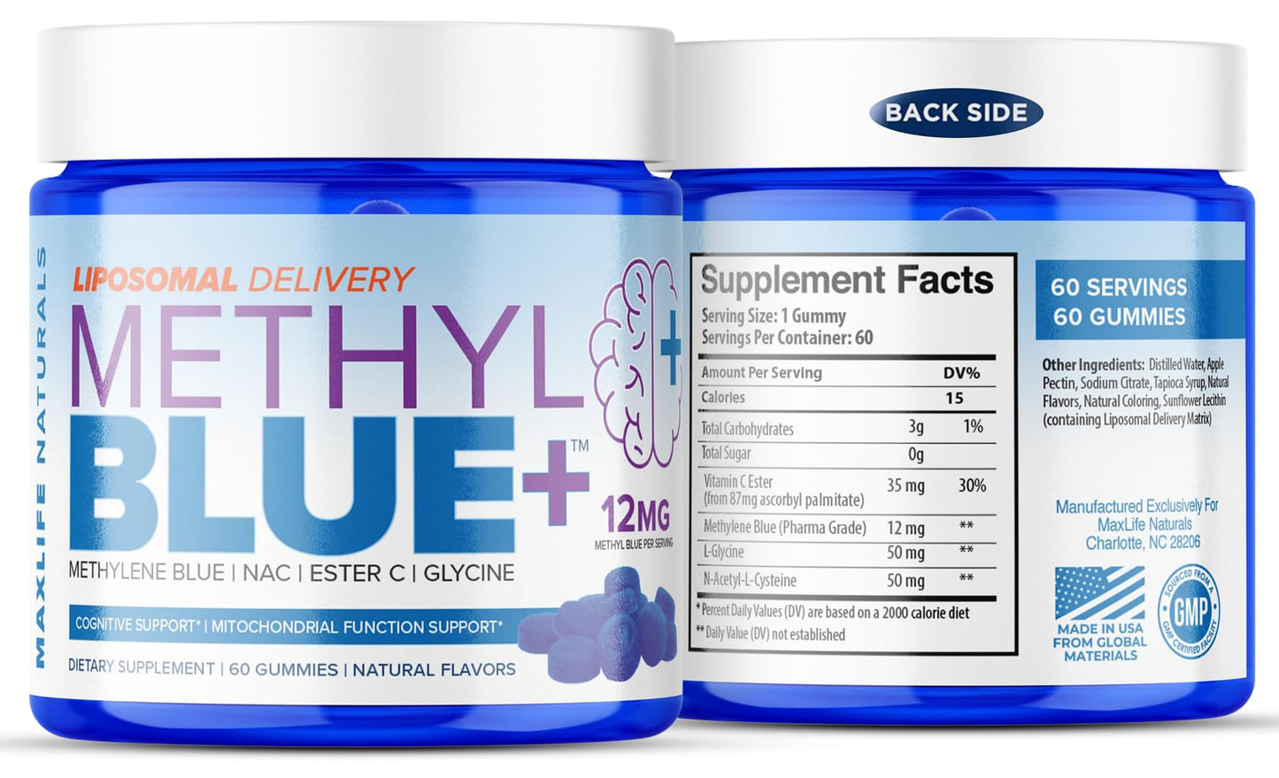 MAXLIFE NATURALS Liposomal Pure Methylene Blue Gummies, 12mg, 60 Count