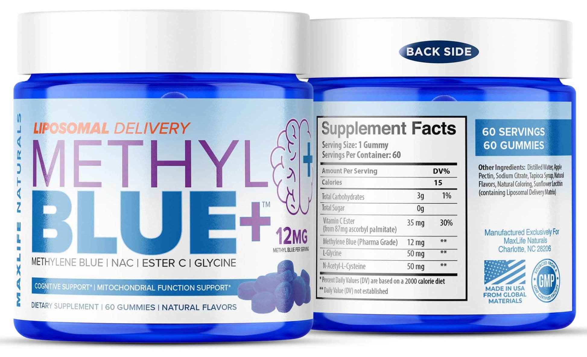 MAXLIFE NATURALS Liposomal Pure Methylene Blue Gummies, 12mg, 60 Count
