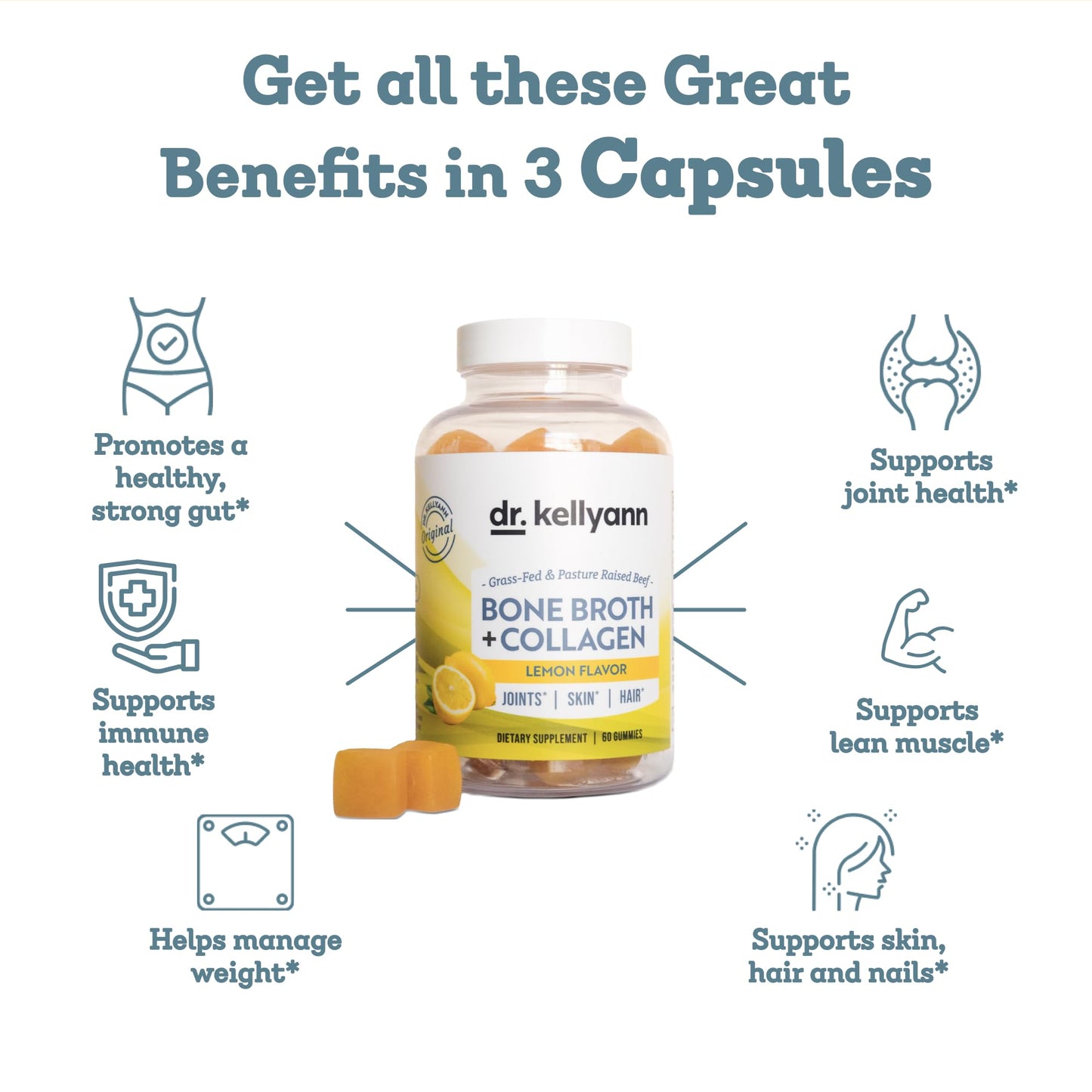 Dr. Kellyann Collagen + Bone Broth Gummies Lemon, 60 Gummies