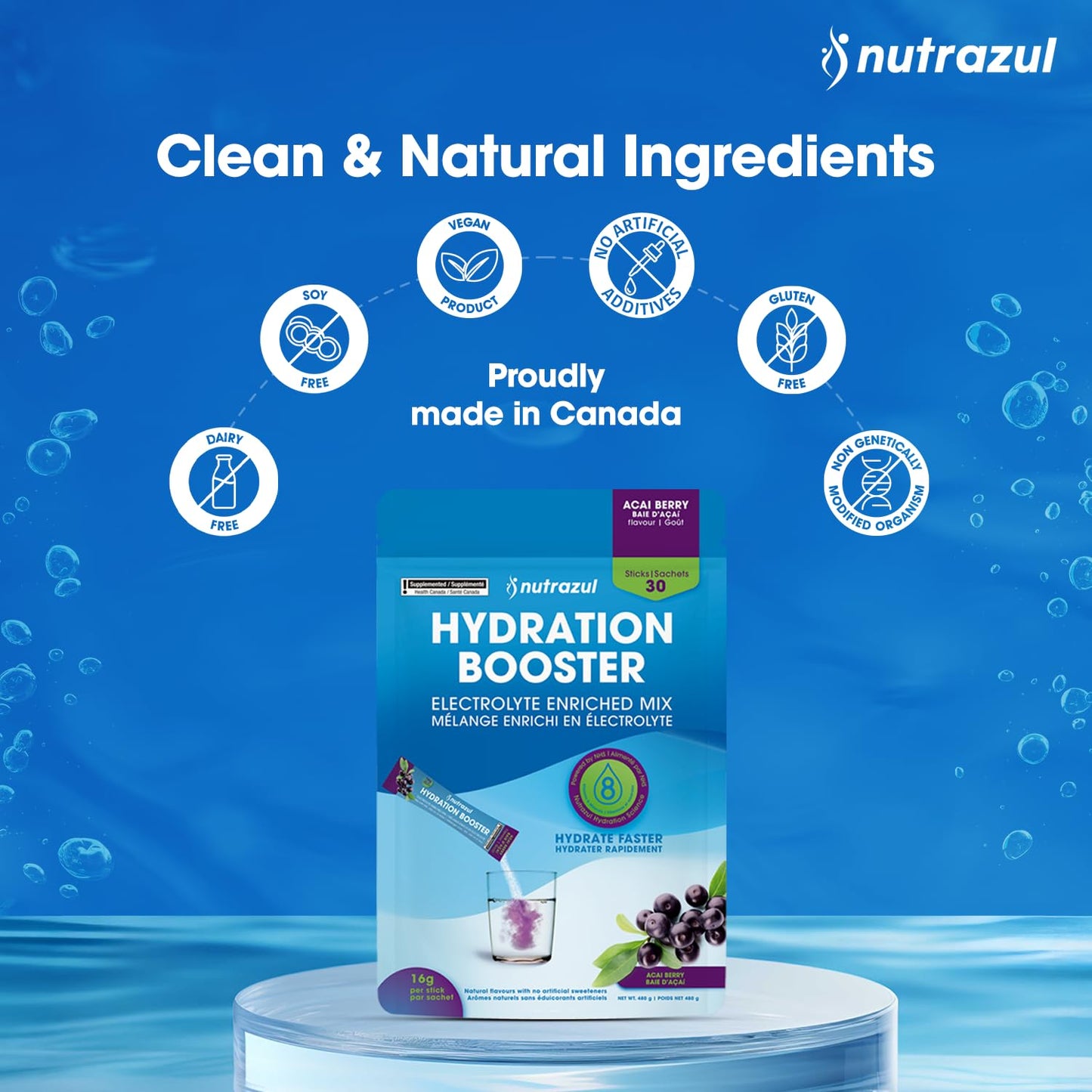 Nutrazul Hydration Booster Electrolytes Powder Sticks Acai Berry Flavor, 90 Sticks