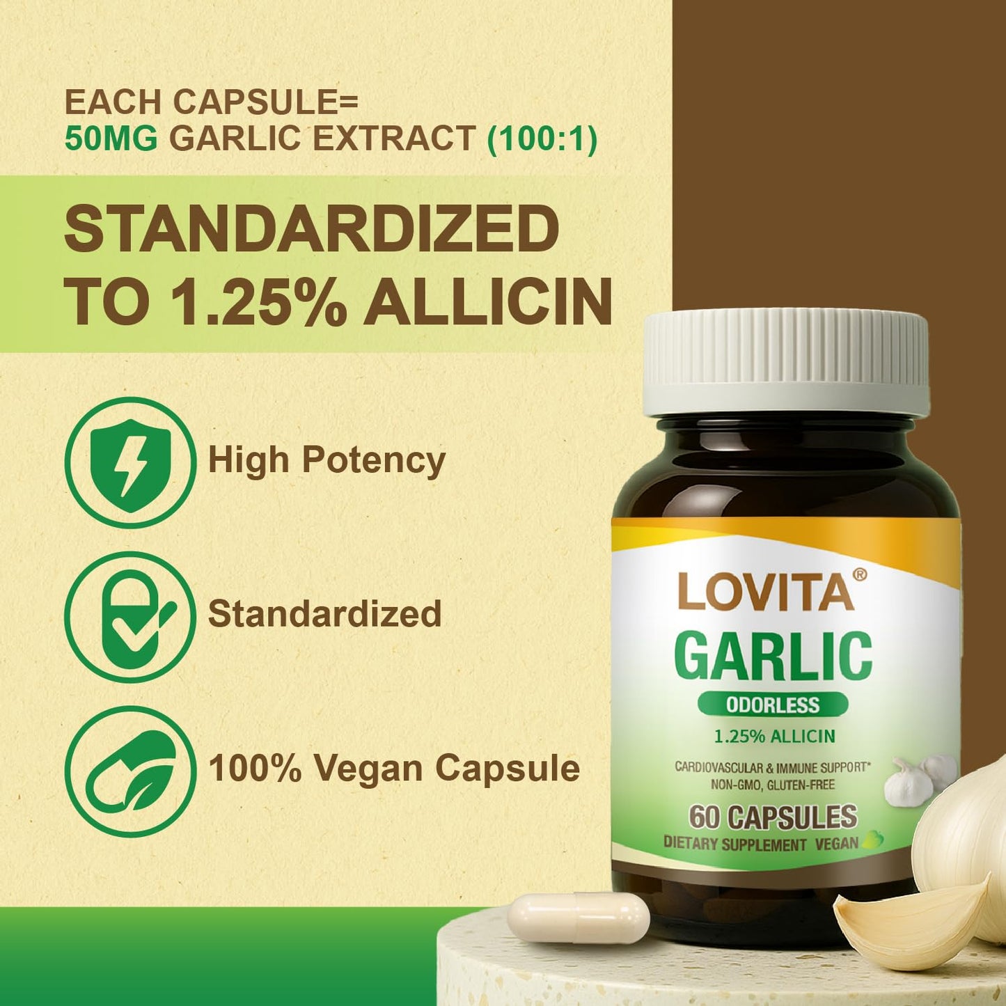 LOVITA Odorless Garlic Extract, High Potency, Standardized to 1.25% Allicin, Supports Heart, Blood Pressure, Cholesterol & Immune System, Non-GMO, Gluten-Free, 180 Vegan Capsules