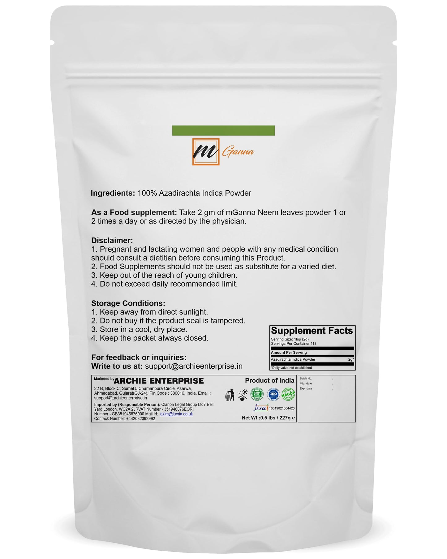 mGanna Neem Leaf Powder 8 Ounce