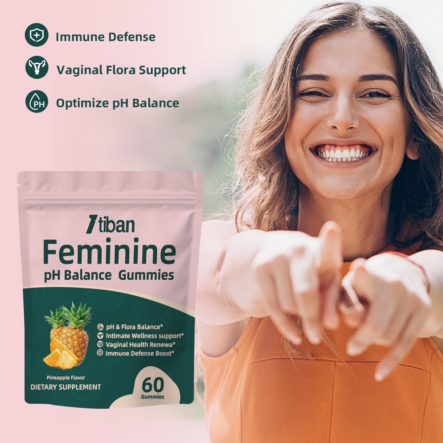 Itiban Women Gummies for pH Balance Probiotic Gummy, Feminine Vaginal Health, Immune Support, Vegan, Gluten-Free, Pineapple Flavor, 60 Gummies