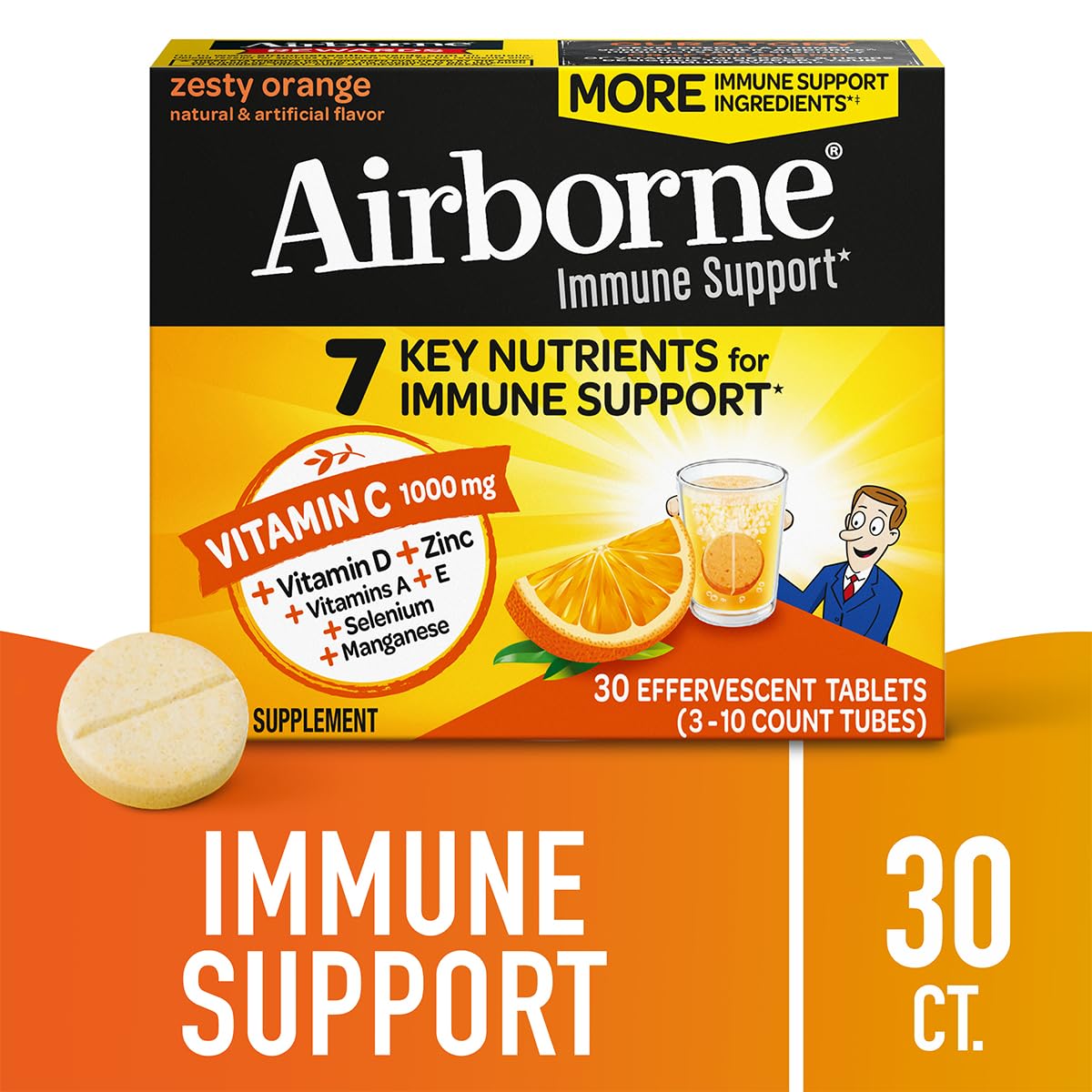 Airborne 1000mg Vitamin C + Zinc Sugar Free Multivitamin Immune Support Effervescent Tablets, 90 Tablets