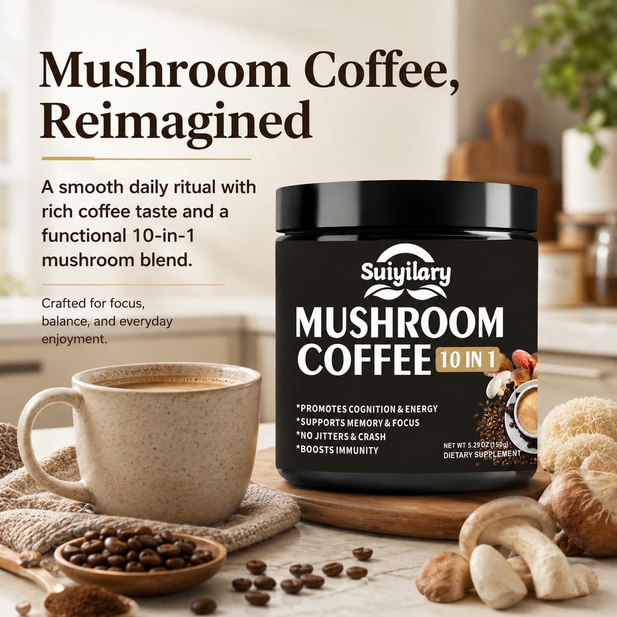Suiyilary Mushroom Coffee Powder Blend with 10 Mushroom Extracts (Lion's Mane, Reishi, Chaga, Cordyceps, Turkey Tail), 5.3 oz