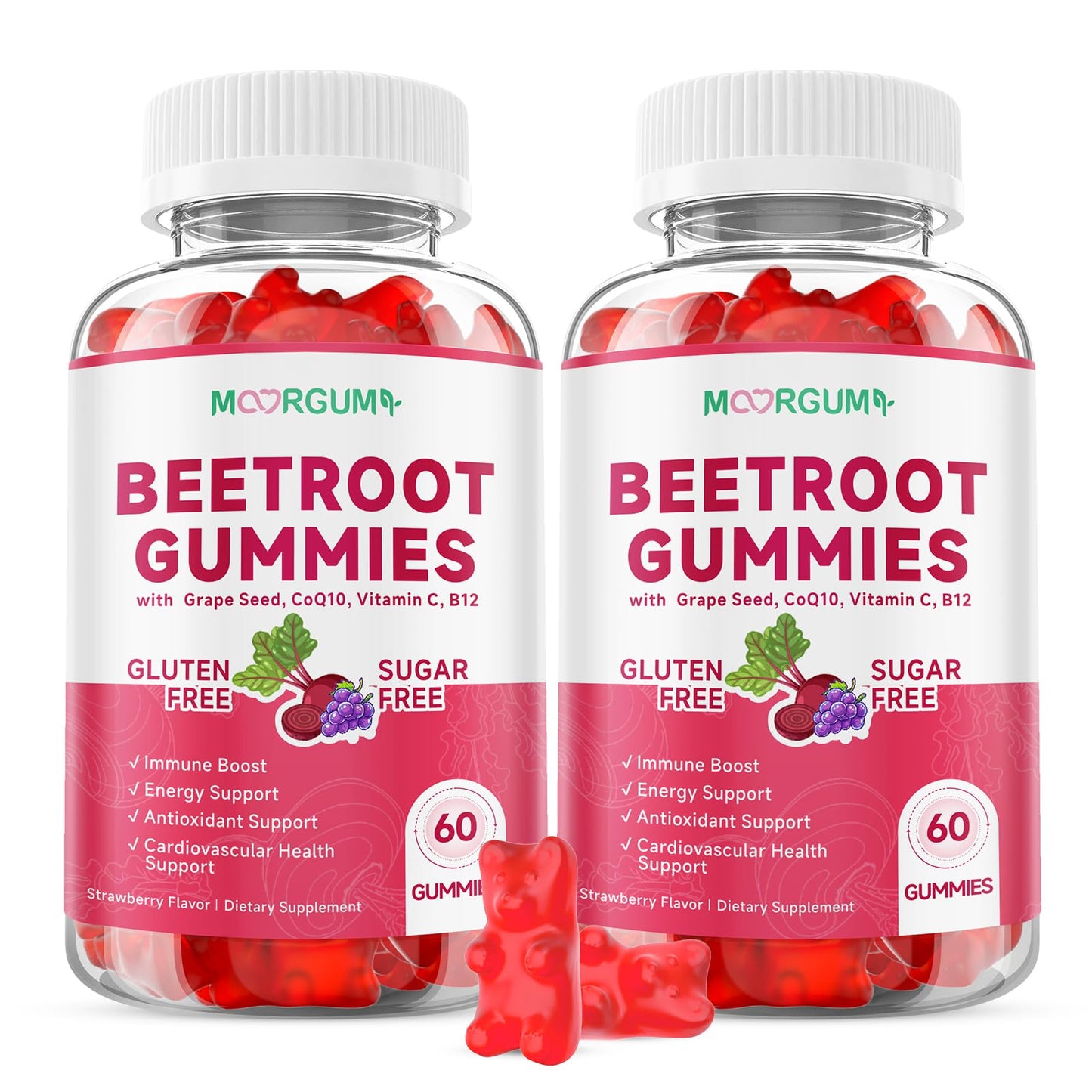 MOORGUMY Beetroot Gummies with Grape Seed, Niacin, CoQ10, Vitamin C, B12, L-Citrulline & L-Arginine, Antioxidant Support, Sugar-Free Beet Root Supplement for Women & Men, 60 Gummies