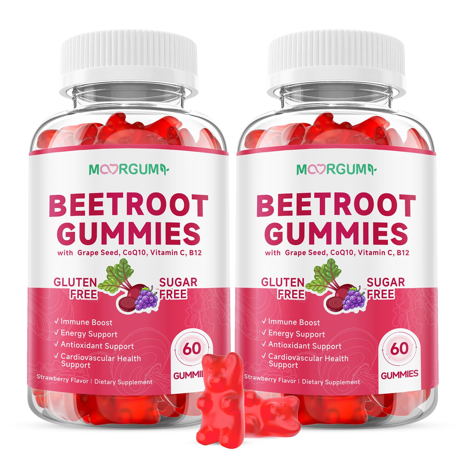 MOORGUMY Beetroot Gummies with Grape Seed, Niacin, CoQ10, Vitamin C, B12, L-Citrulline & L-Arginine, Antioxidant Support, Sugar-Free Beet Root Supplement for Women & Men, 60 Gummies