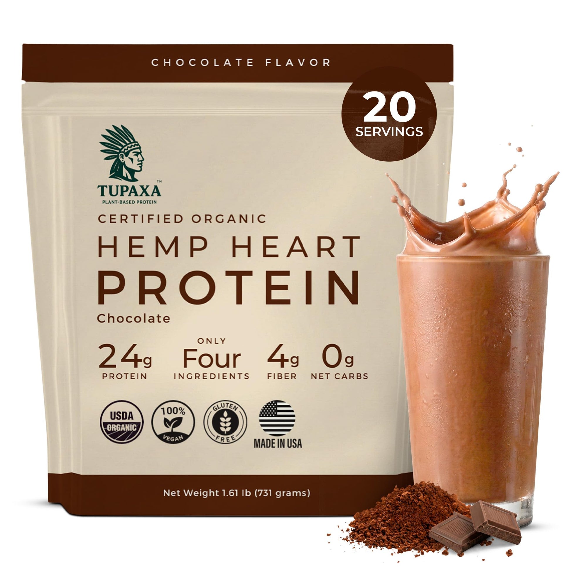 TUPAXA USDA Organic Hemp Protein Powder Chocolate, 26 oz