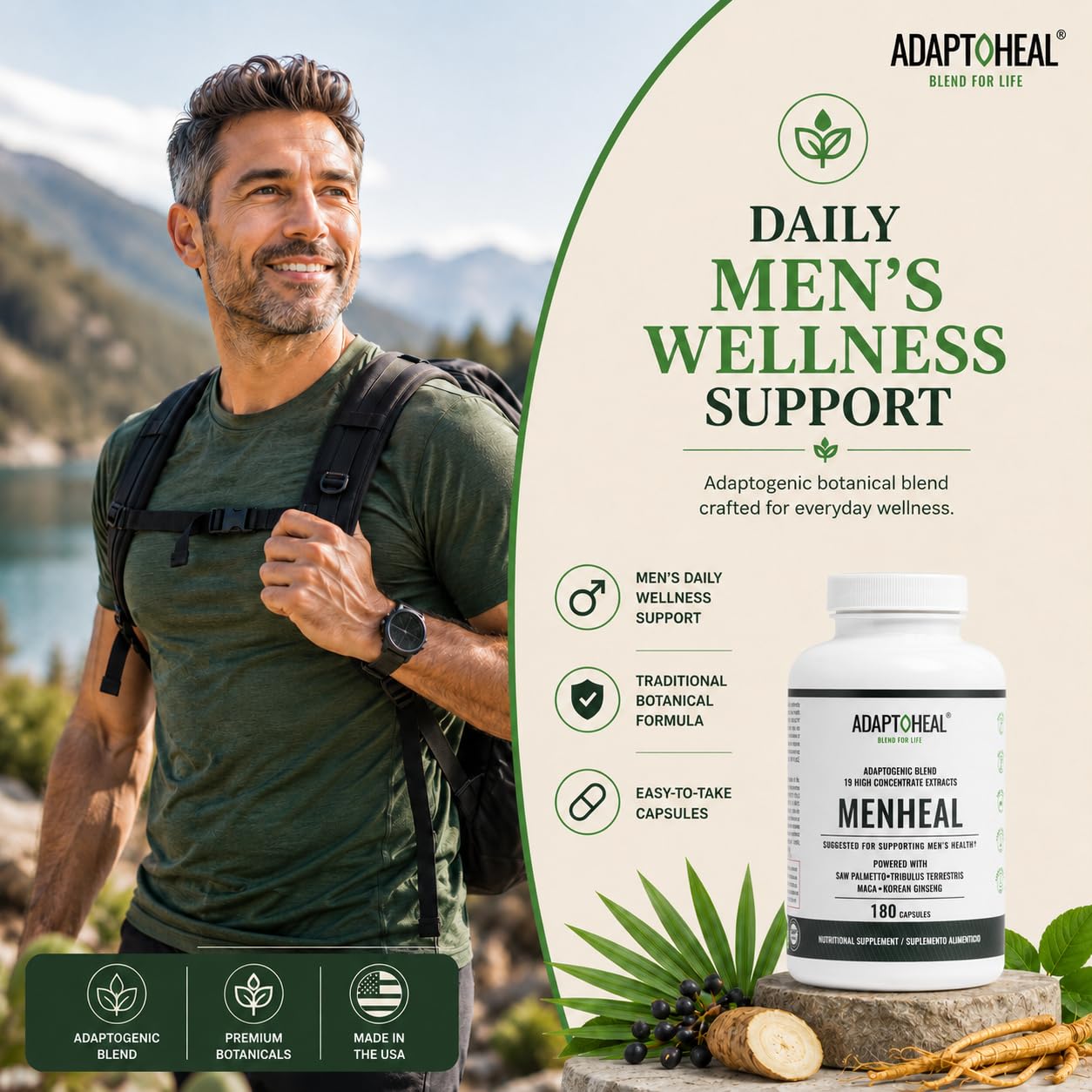 ADAPTOHEAL Menheal Prostate Support Saw Palmetto, Maca 180 Capsules