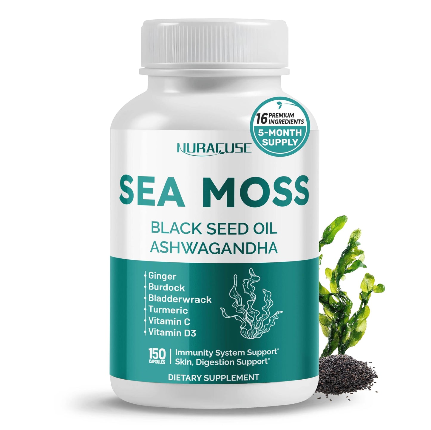 NURAFUSE Sea Moss Black Seed Oil Ashwagandha Ginger 16-in-1 Formula Capsule, 150 Count