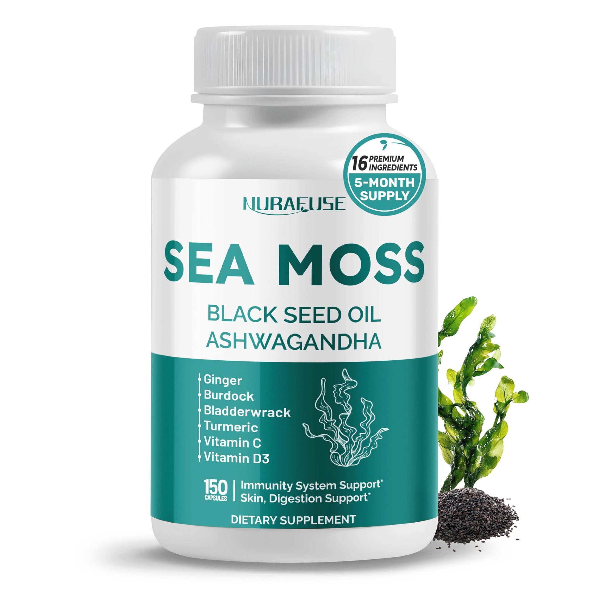 NURAFUSE Sea Moss Black Seed Oil Ashwagandha Ginger 16-in-1 Formula Capsule, 150 Count