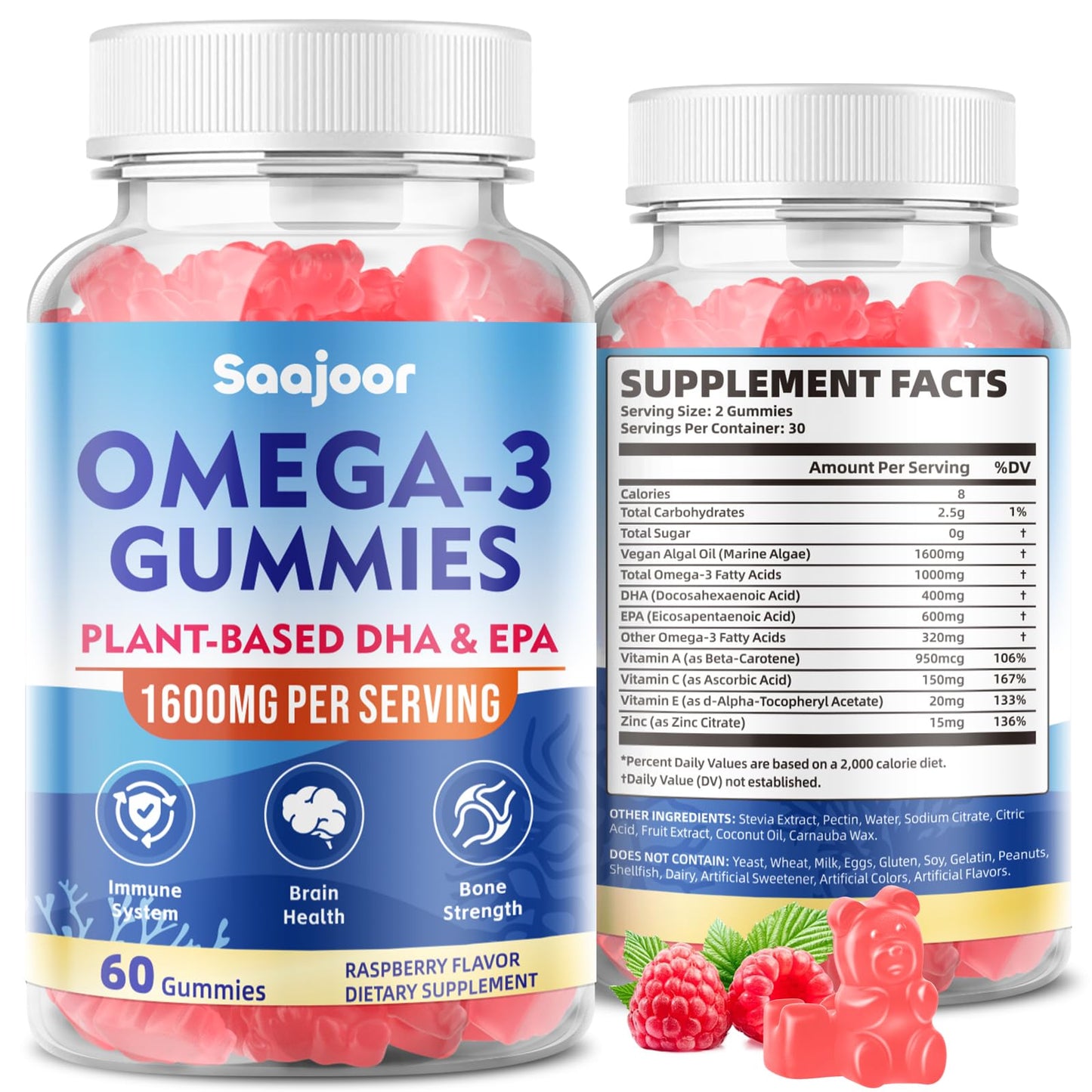 Saajoor Vegan Omega-3 Gummies 1000mg, Sugar-Free with 400mg DHA & 600mg EPA, Vitamins A, C, E, and Zinc, 60 Gummies