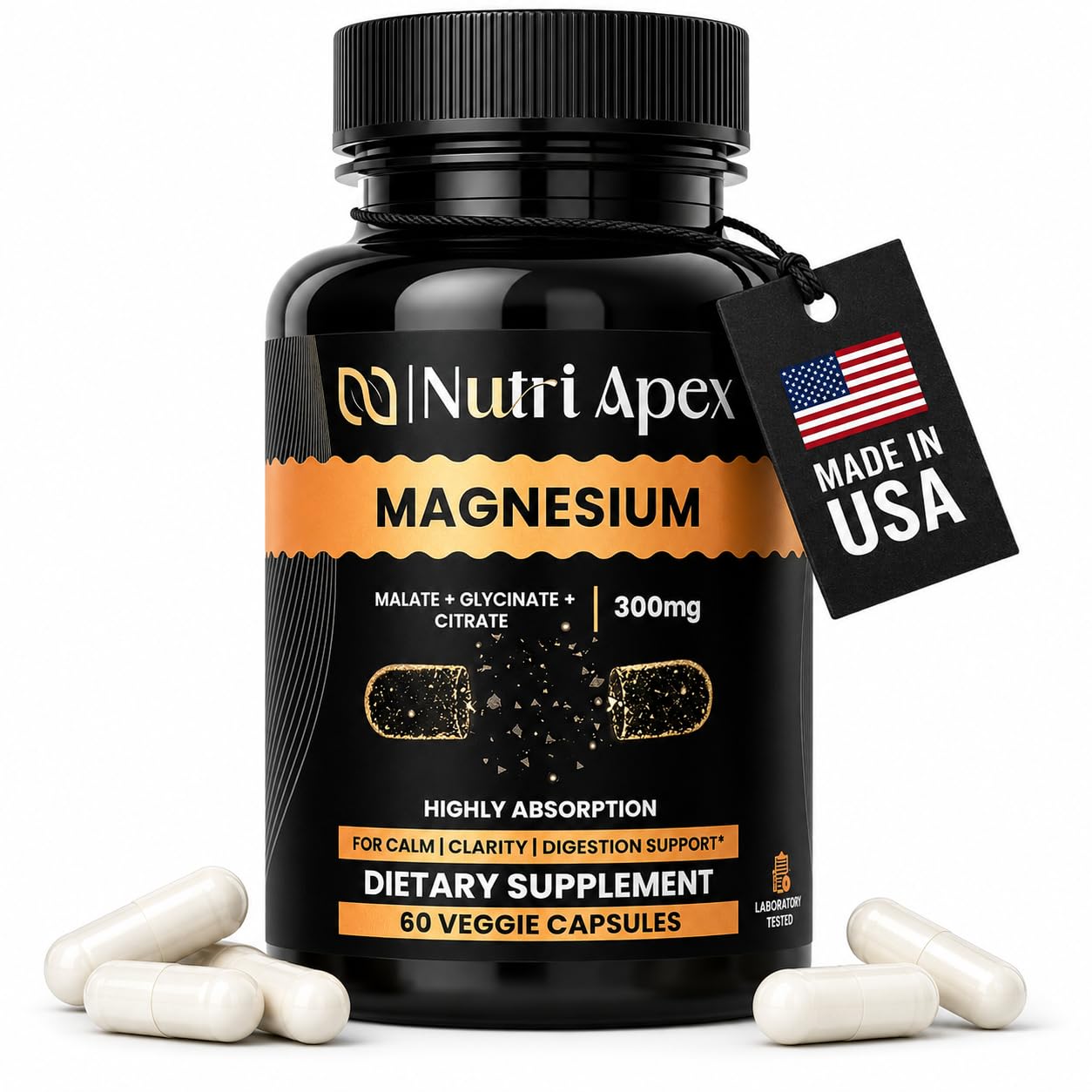 Nutri Apex Magnesium Triple Magnesium Complex 300mg (Glycinate, Malate & Citrate), 60 Veggie Capsules