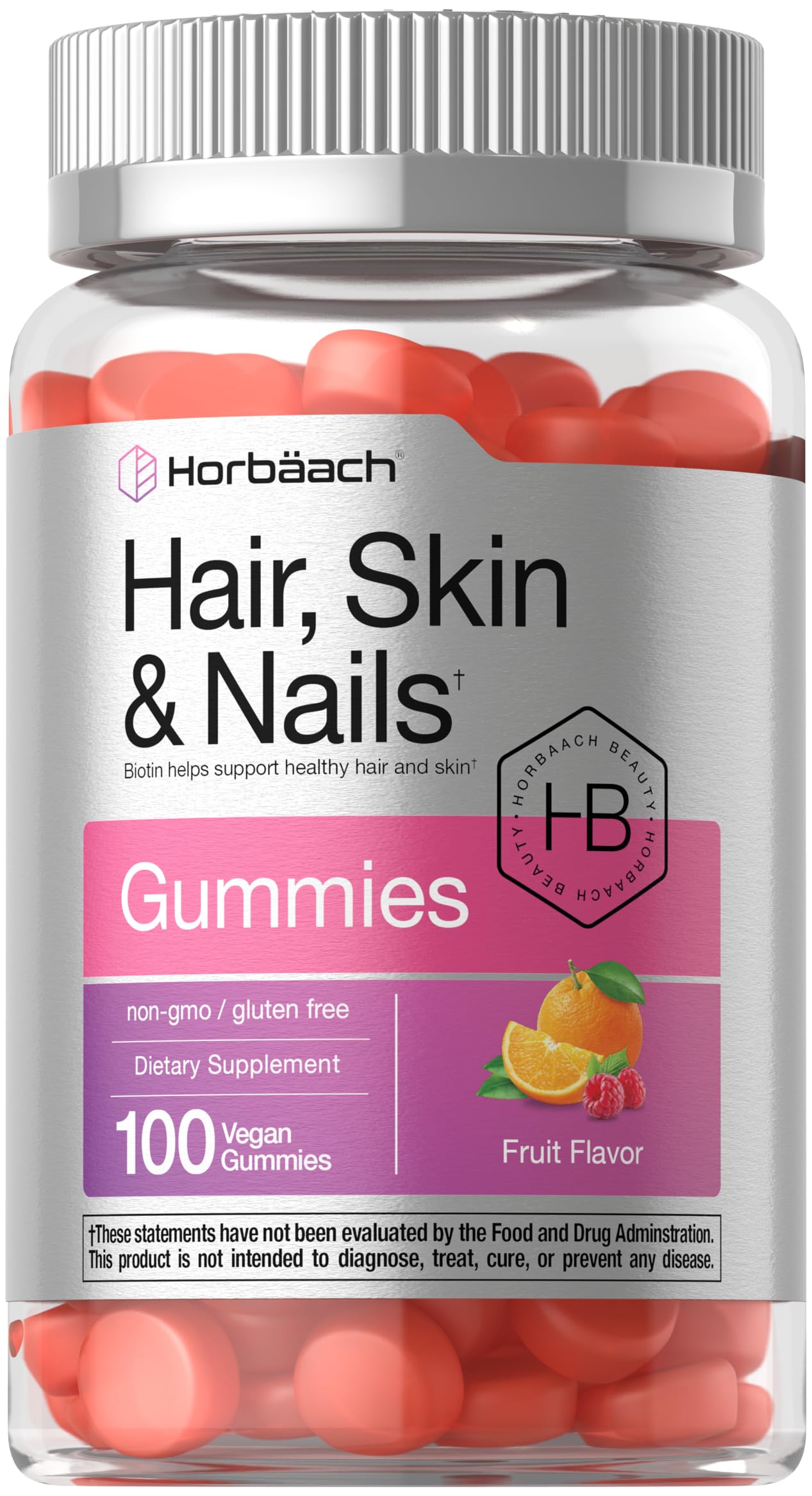 Horbäach Hair Skin & Nails Gummies with Biotin, 100 Count