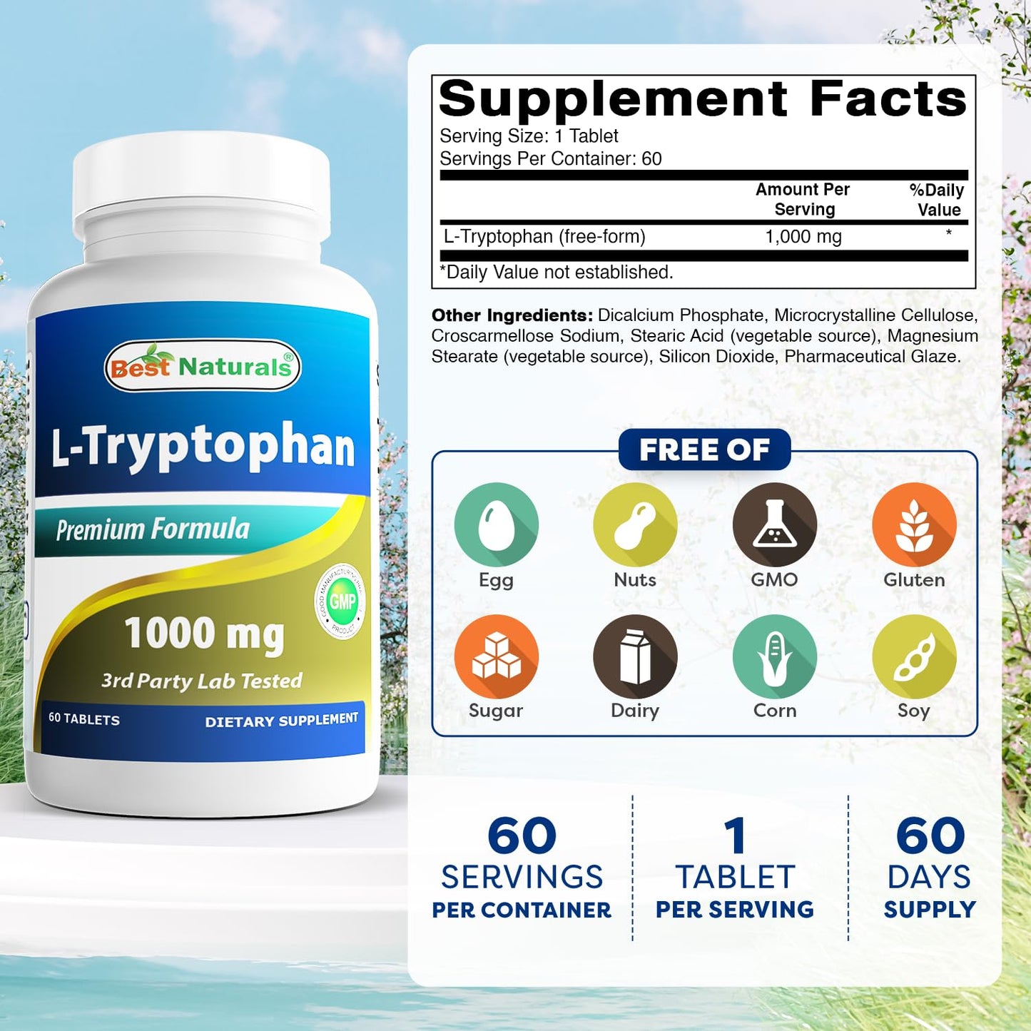 Best Naturals L-Tryptophan 1000 mg, 180 Tablets
