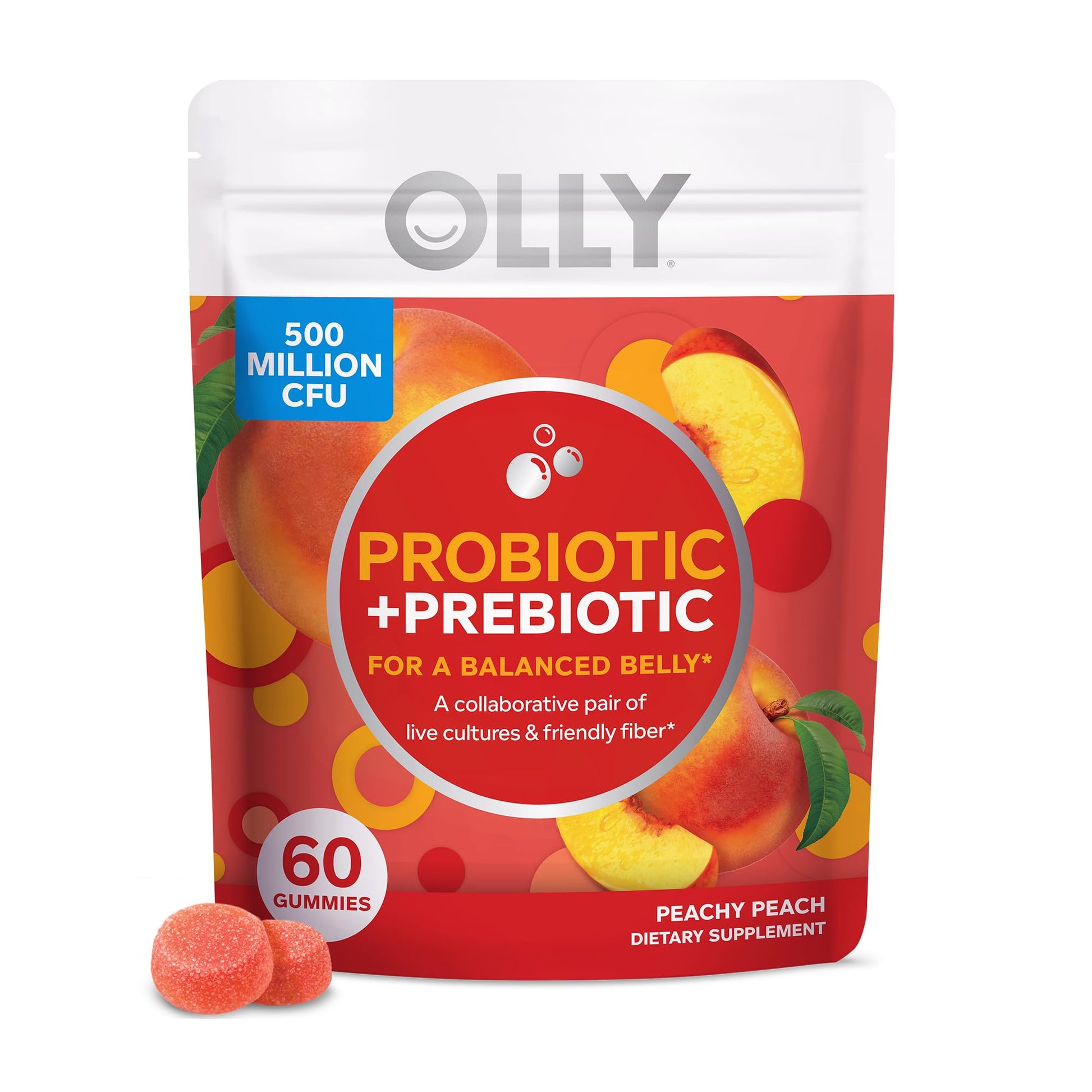 OLLY Probiotic + Prebiotic Gummy Chewable, Digestive Support and Gut Health, 500 Million CFUs, Fiber, 60 Count
