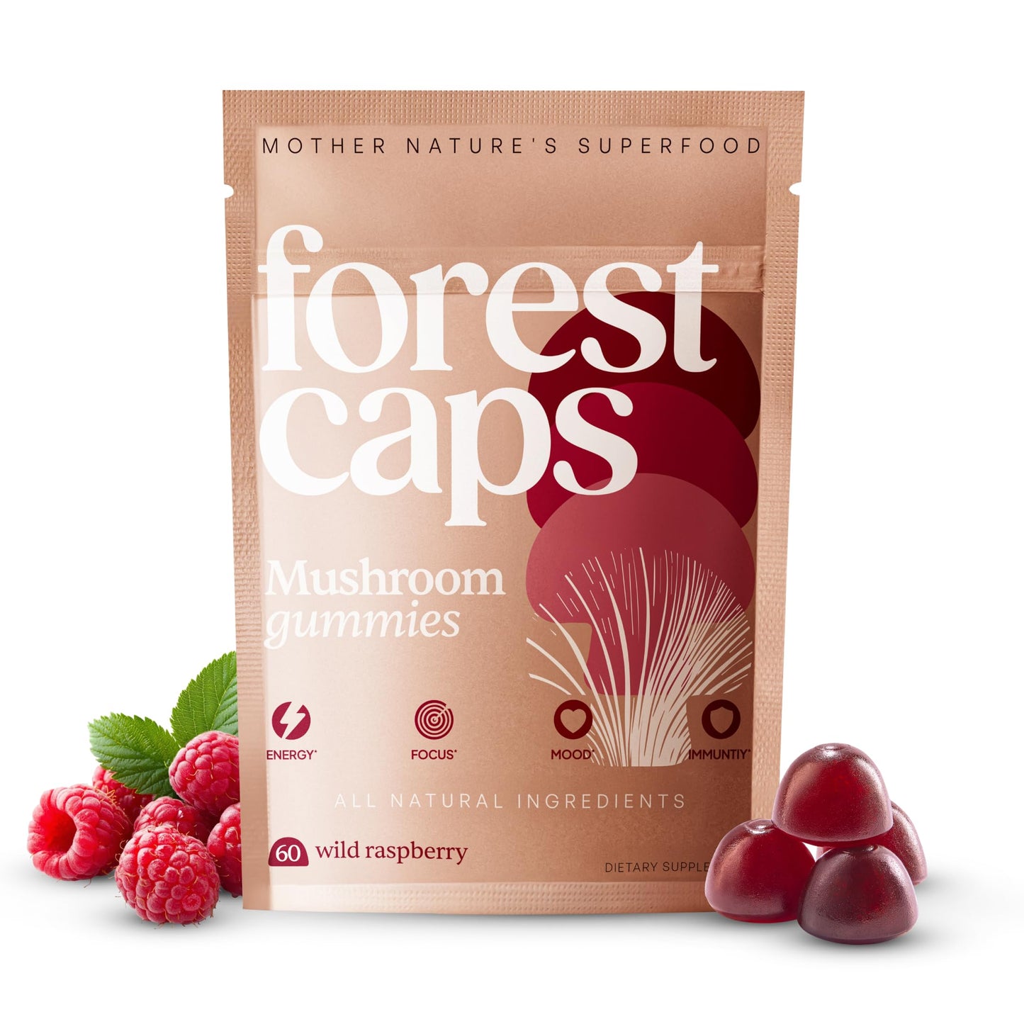 Forest Caps Mushroom Gummies – Lion’s Mane, Reishi & Cordyceps – Focus, Calm & Natural Energy – Organic Fruiting Body Extracts – Vegan, All Natural, Made in USA, 60 Count
