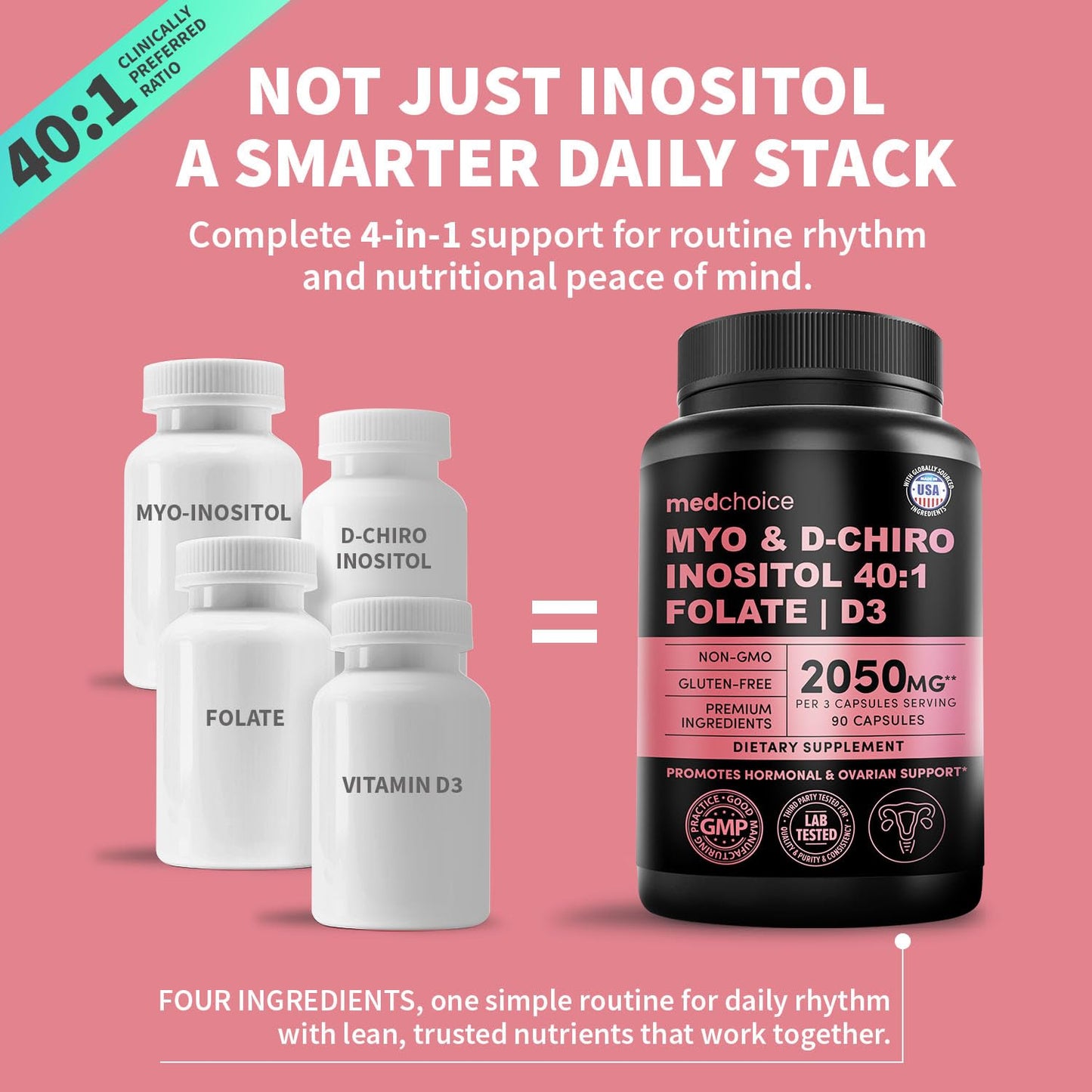 MEDCHOICE Myo-Inositol 40:1 for Women Inositol Supplement with Myo & D-Chiro Inositol, Folate & Vitamin D3, Vegan, 90 Capsules