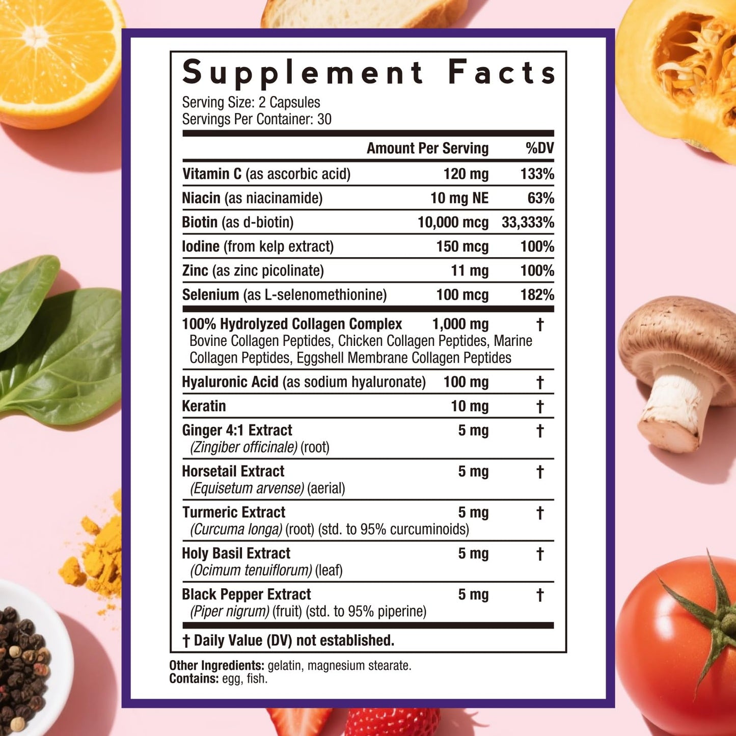Doctor's Recipes Multi Collagen Peptides, Type I, II, III, V, X, 1000 mg Per Serving, Vitamin C, Biotin, Hyaluronic Acid, Keratin, Turmeric, for Hair, Nails, Skin, Stay Active, Antioxidant Capsule, 60 Count