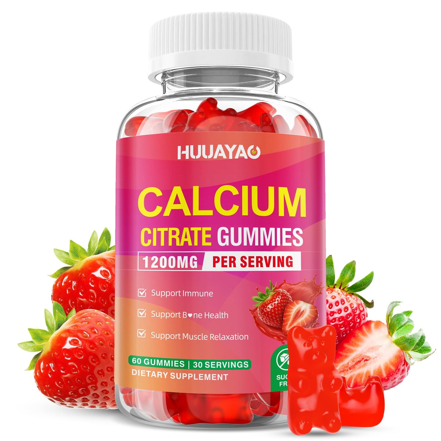 HUUAYAO Calcium Citrate Gummies 1200mg, Sugar Free Strawberry Flavor, 60 Gummies