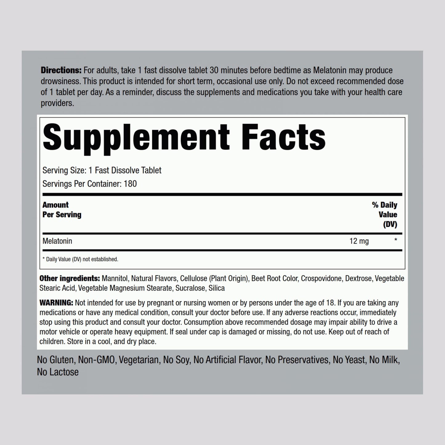 Piping Rock Melatonin 12 mg Tablets, 180 Count