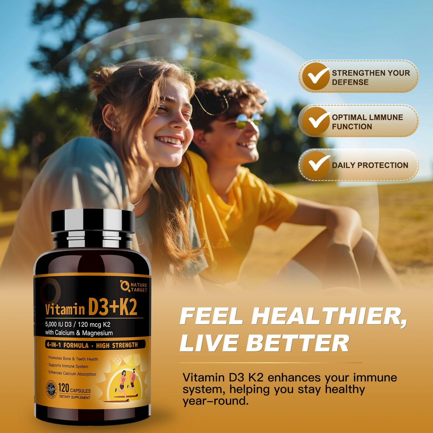 NATURE TARGET Vitamin D3 K2 with Calcium & Magnesium Capsules, 120 Count