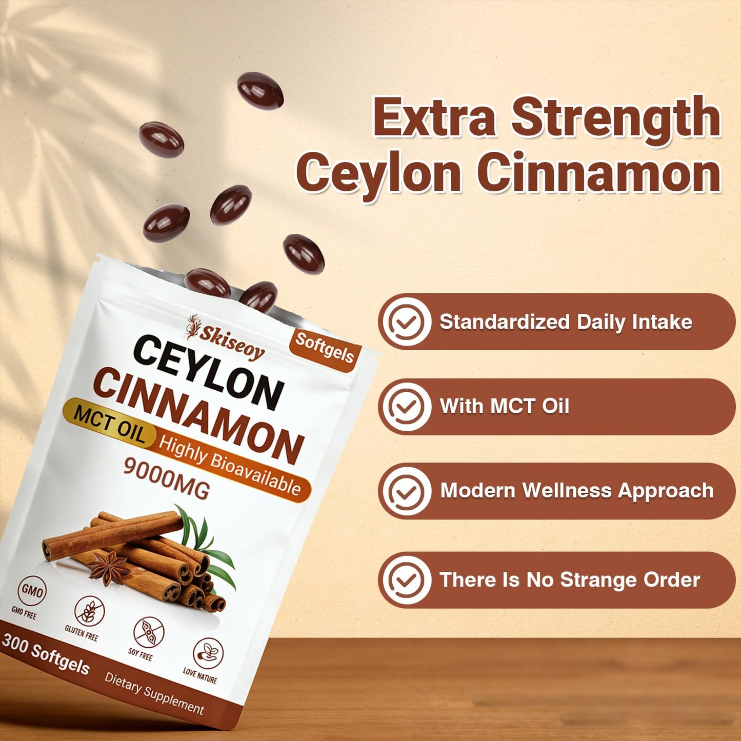 Skiseoy Premium Ceylon Cinnamon with MCT Oil, 300 Softgels