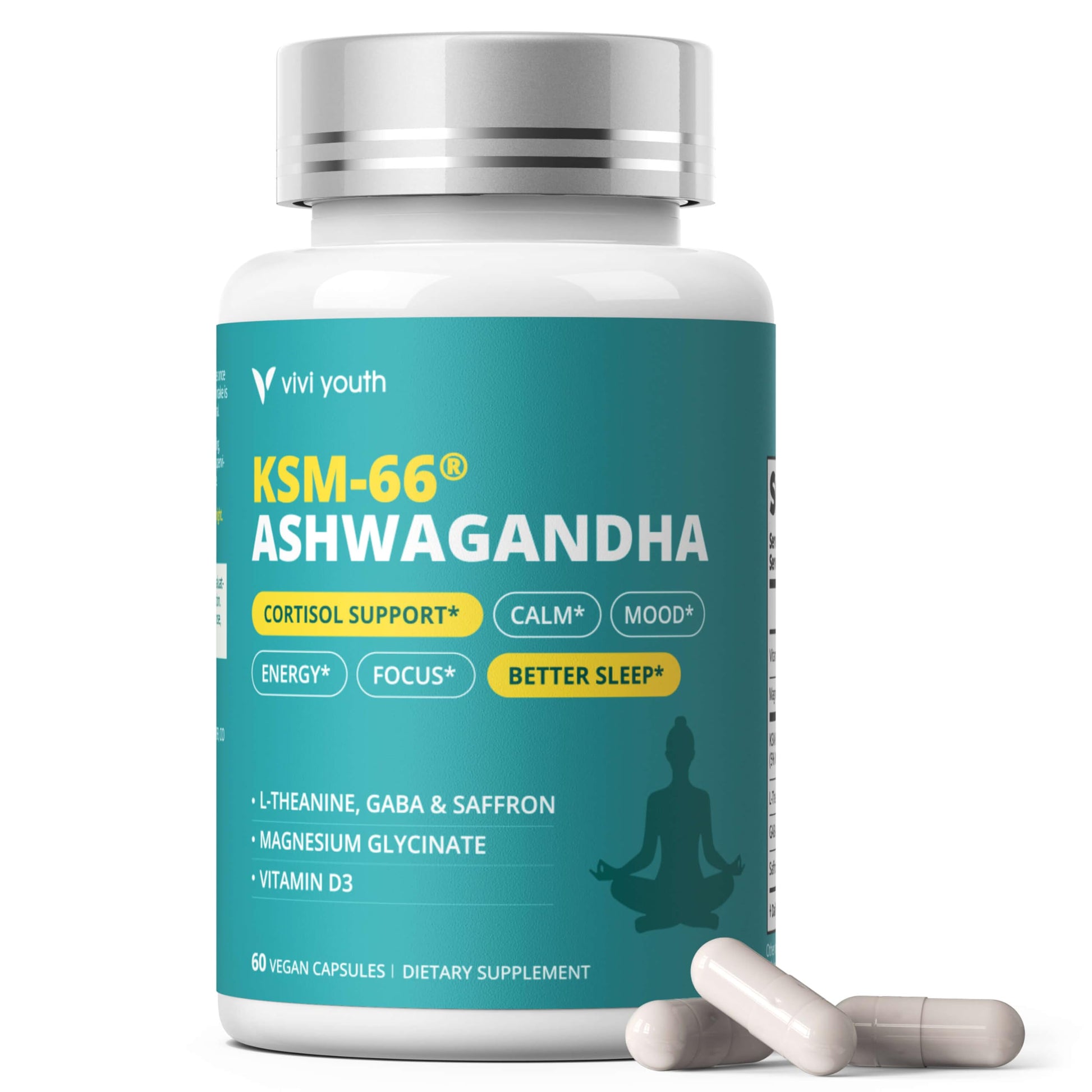 VIVI Youth Cortisol Supplement with KSM-66® Ashwagandha & L-Theanine - Advanced Formula with GABA, Saffron, Magnesium Glycinate & Vitamin D3 for Calm Focus, Mood Balance, 60 Capsules