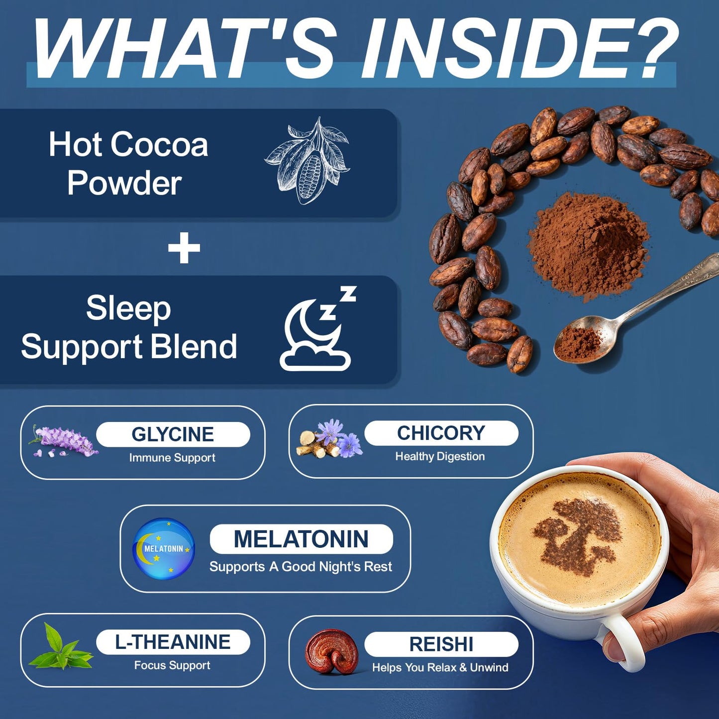 Bcuelov Mushroom Hot Cocoa Powder with Reishi Mushroom, Melatonin, Glycine, Cacao, L-Theanine, Chicory to Help Fall Asleep and Stay Asleep, 7.76 Ounce
