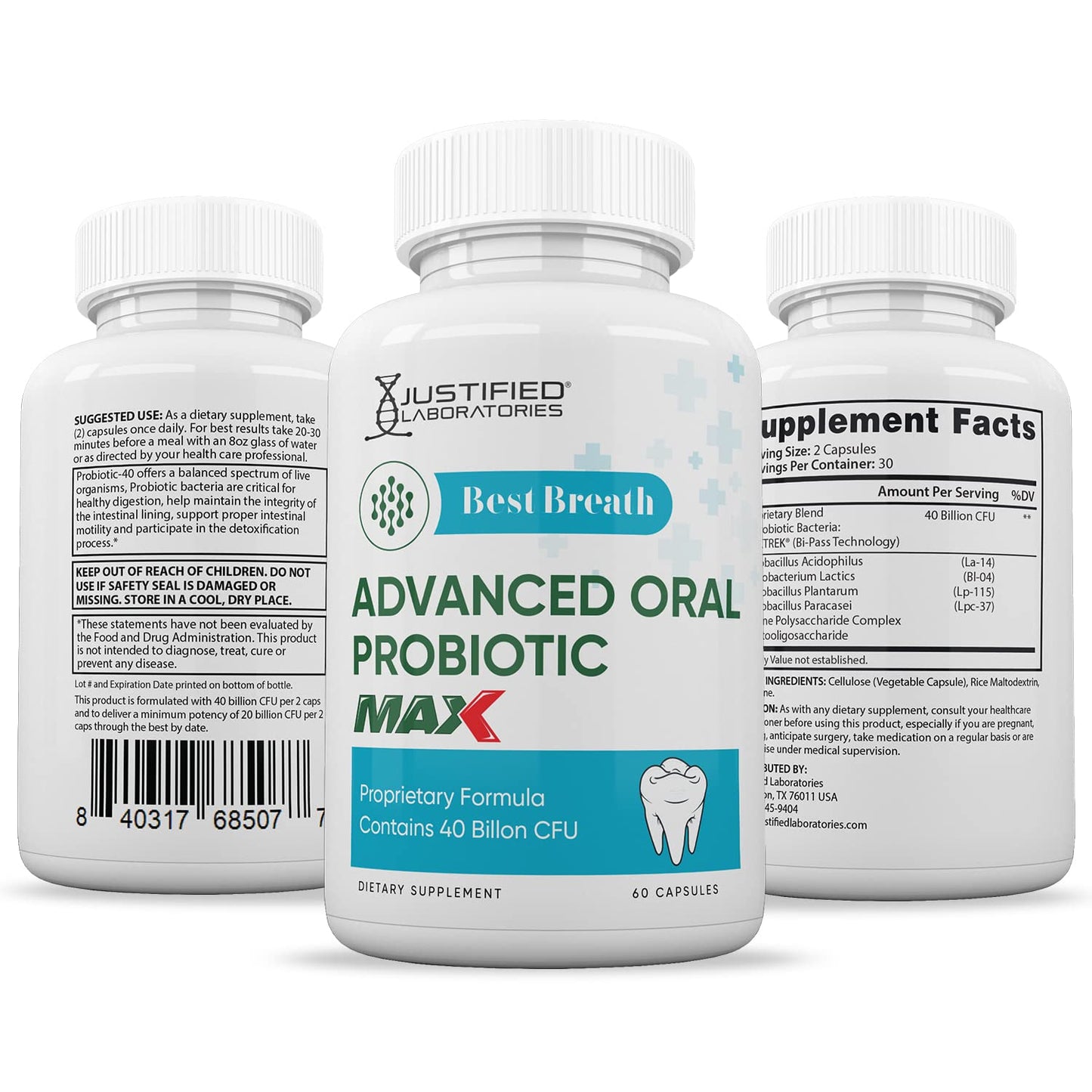 Justified Laboratories Best Breath Max 40 Billion CFU Probiotic Oral Support 60 Capsules