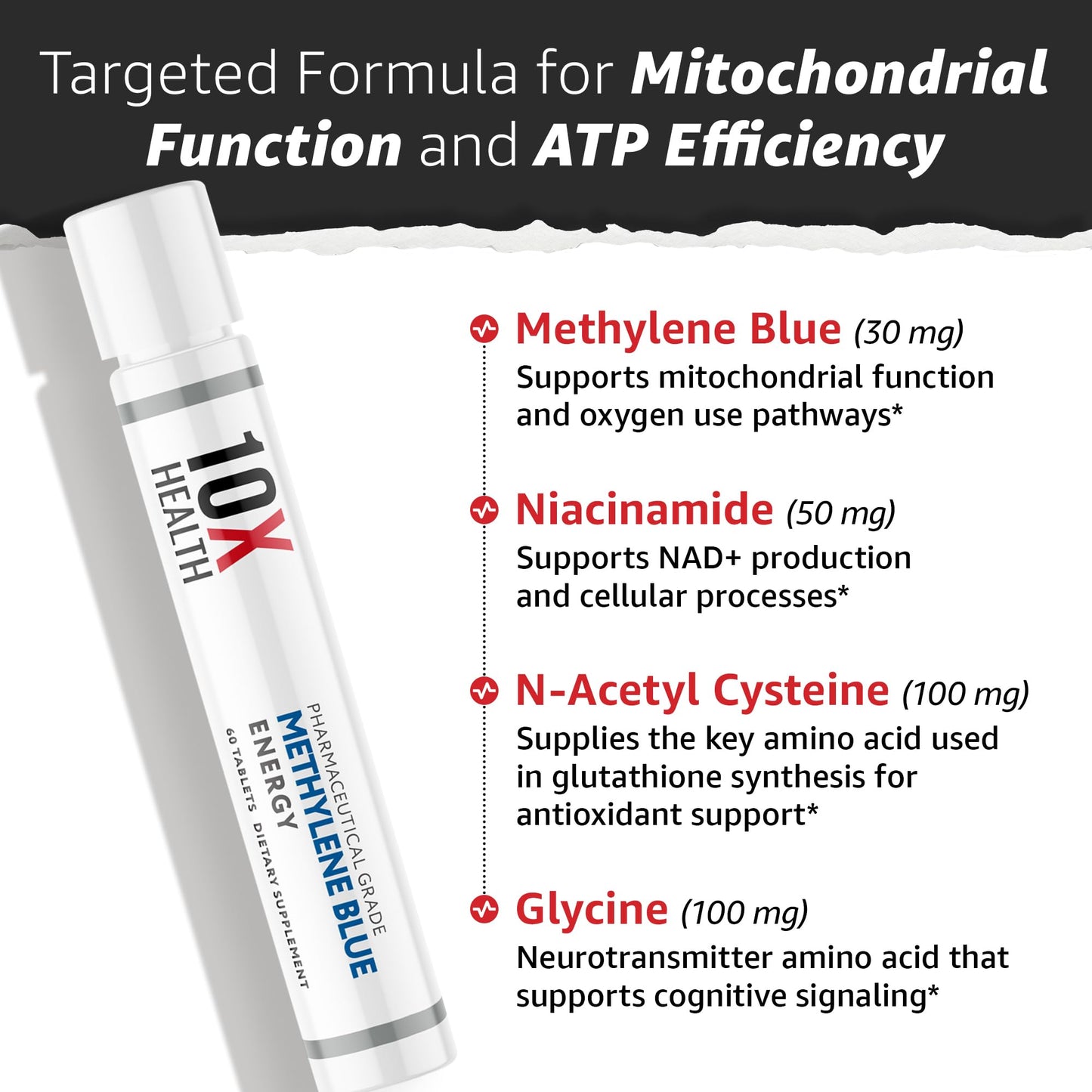 10X Health System Methylene Blue Tablets - Methylene Blue Supplement with NAC, Niacinamide & Glycine - Supports Cellular Energy, Focus & Cognitive Function, 60 Tablets