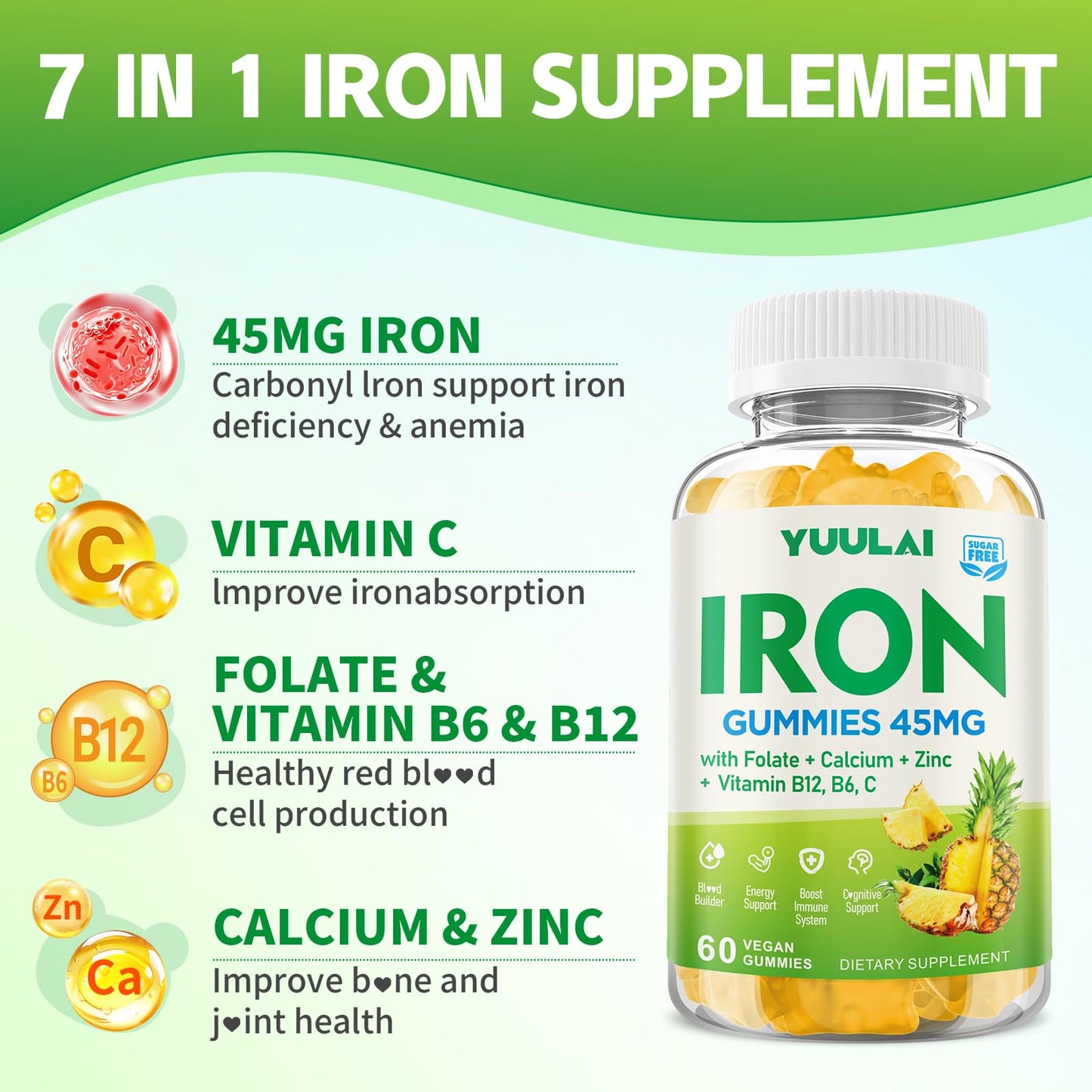 YUULAI Iron Gummies for Women & Men Gummy 120 Count