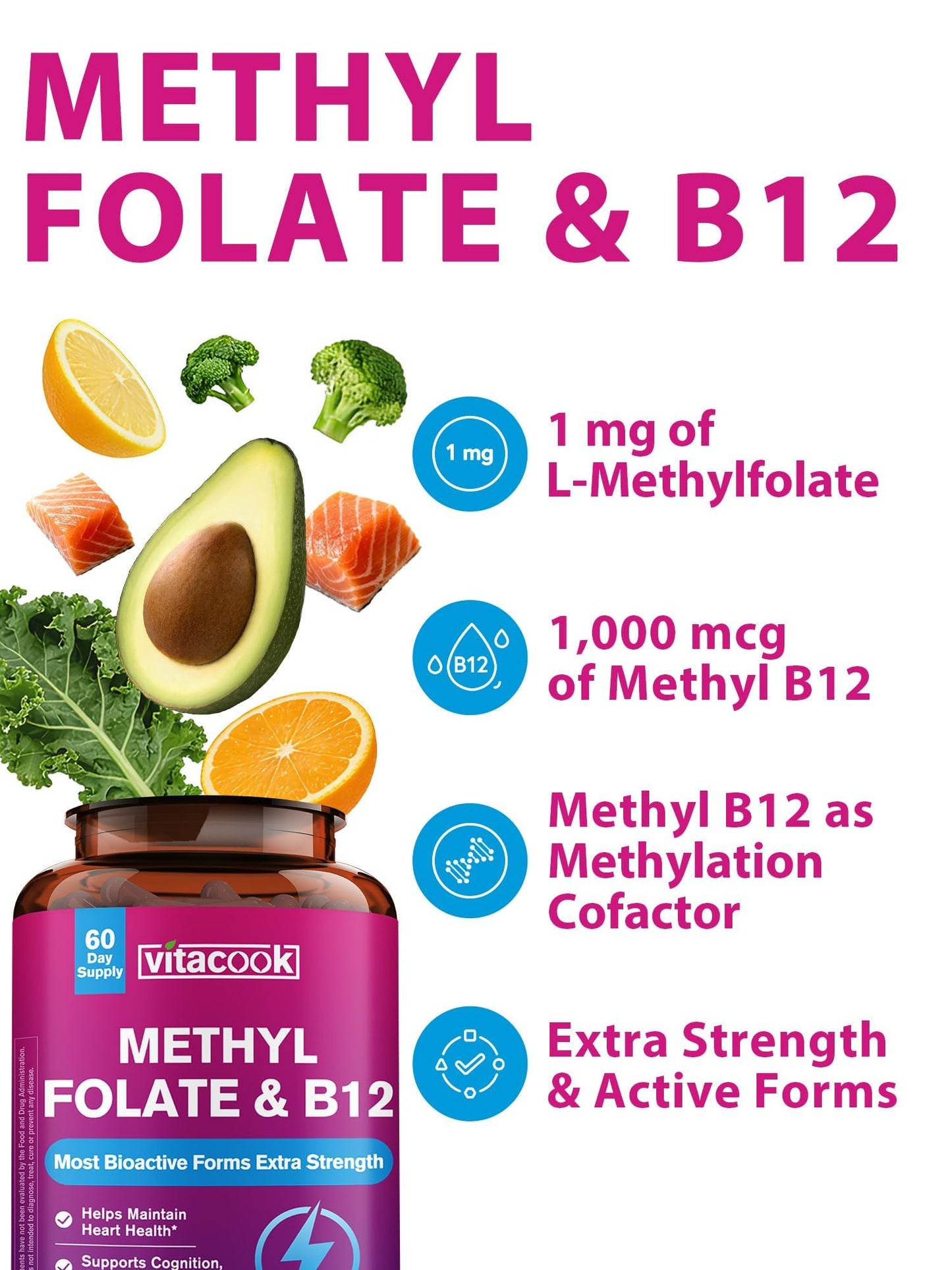 Vitacook L-Methylfolate Supplement with Methyl B12 Cofactor, High Potency Bioactive Folate 1000 mcg & Vitamin B12 1000 mcg, 60 Capsules
