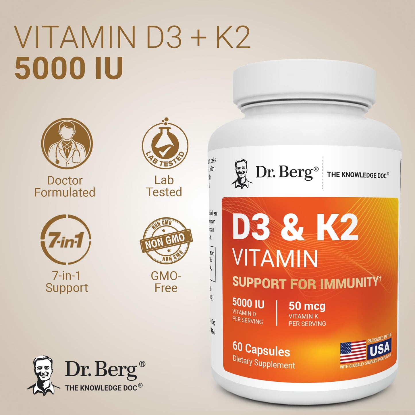 Dr. Berg Nutritionals Maximum Strength 7-in-1 Vitamin D3 K2 5000 IU Capsule, 60 Count