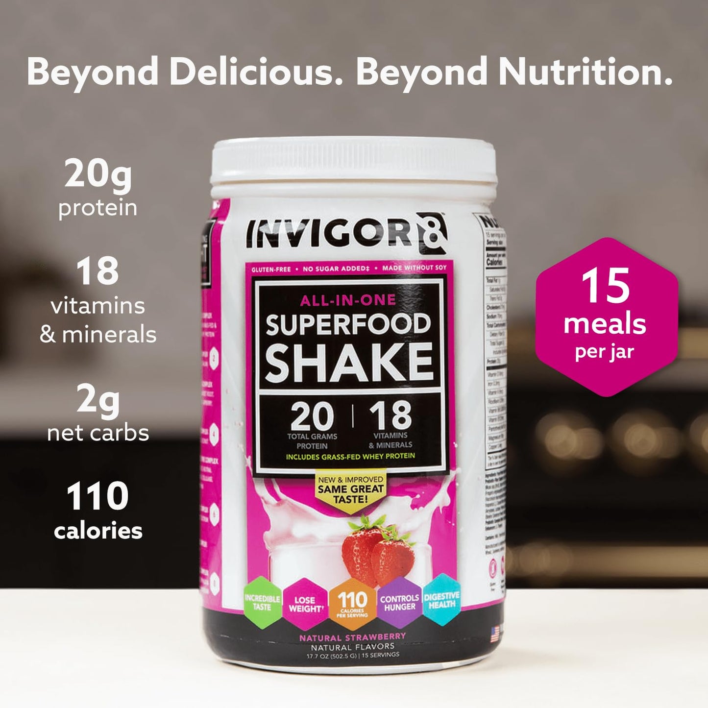 INVIGOR8 Superfood Grass Fed Whey Protein Isolate Shake Natural Strawberry Powder 22.6 oz