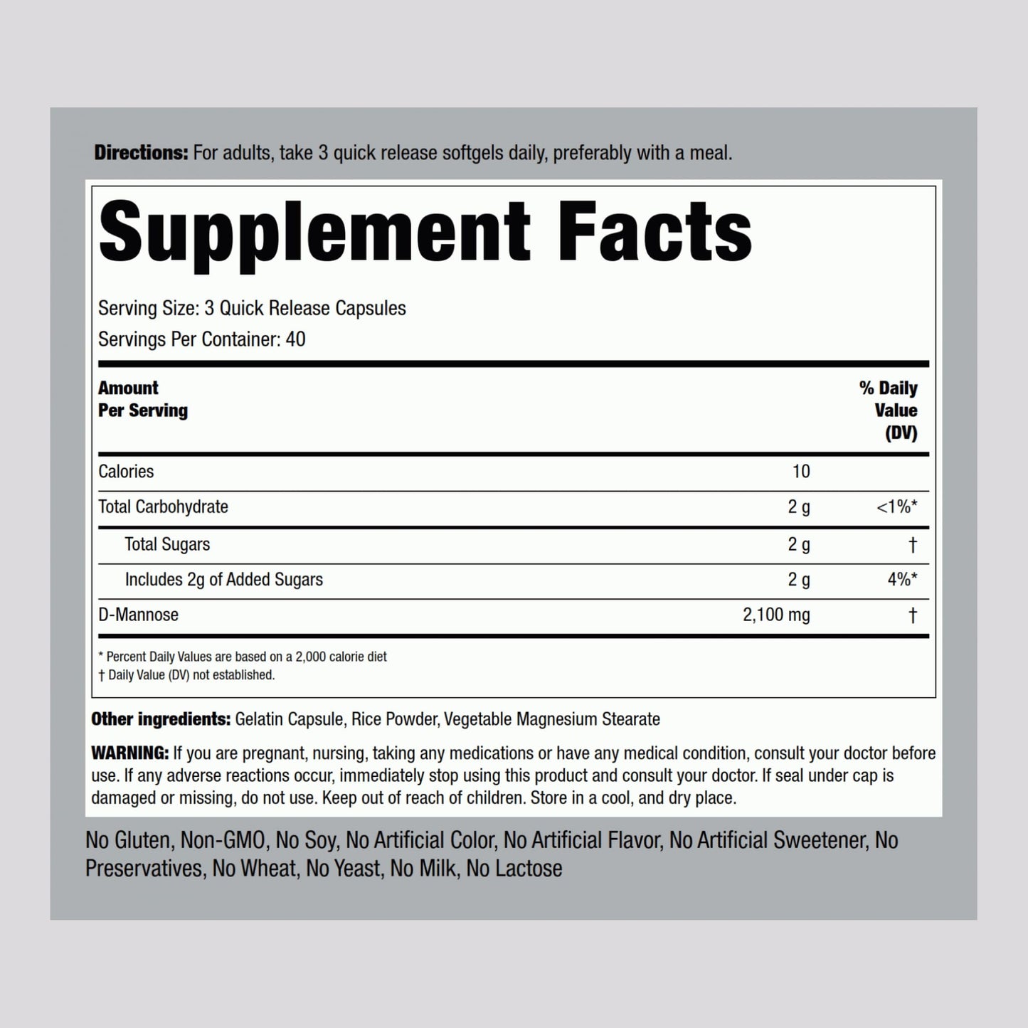 Piping Rock D-Mannose Capsules 2100mg, 120 Capsules