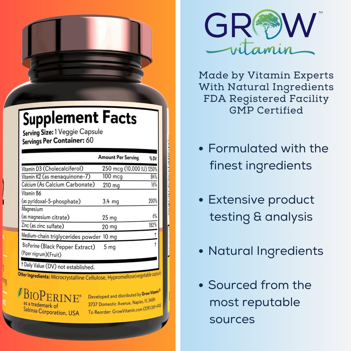 Grow Vitamin D3 K2 with MCT Oil, 60 Capsules